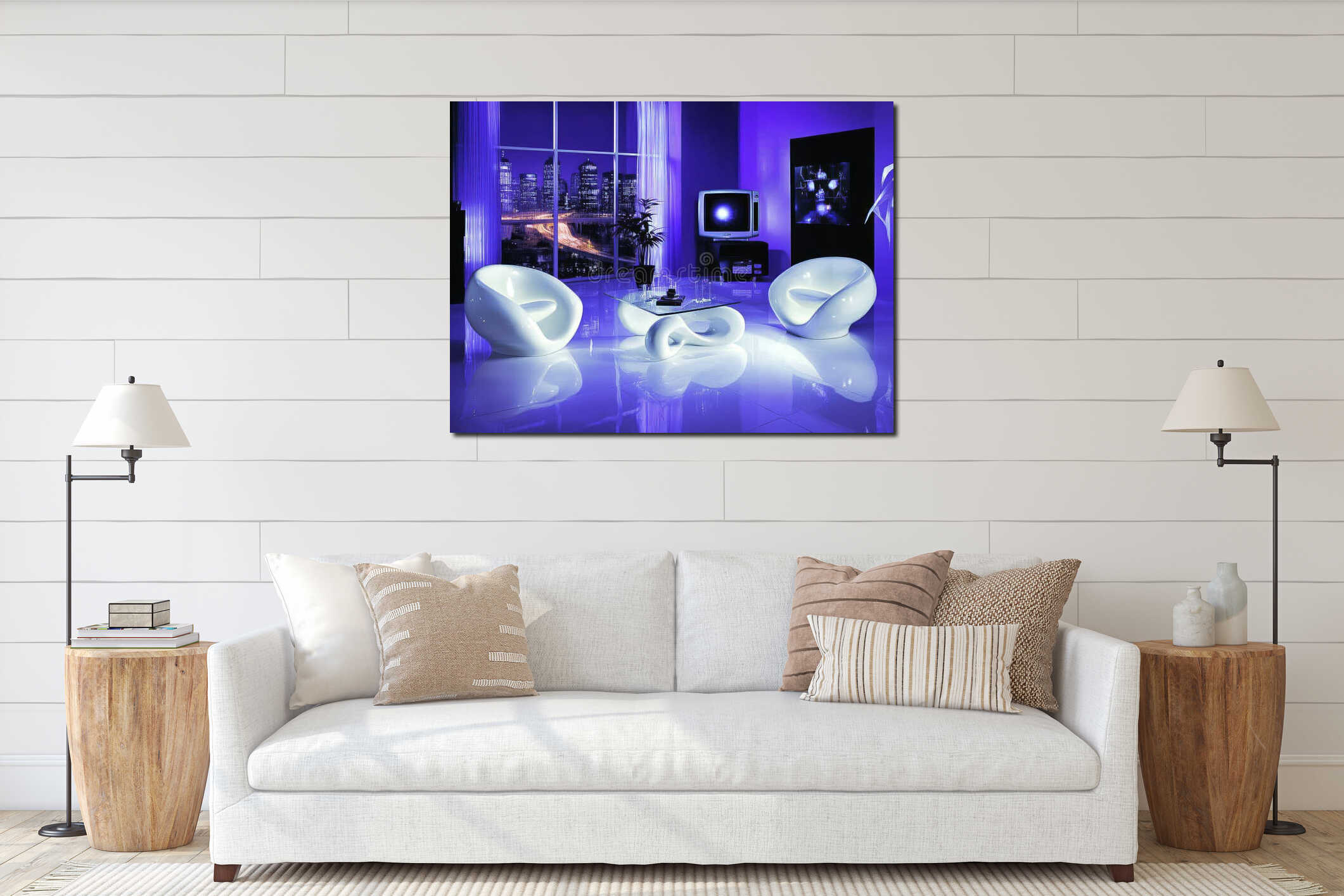 A 3D-rendered room inspired by the retro neon futurism of the 80s, featuring Memphis style and adhering to Miami's interior mockup