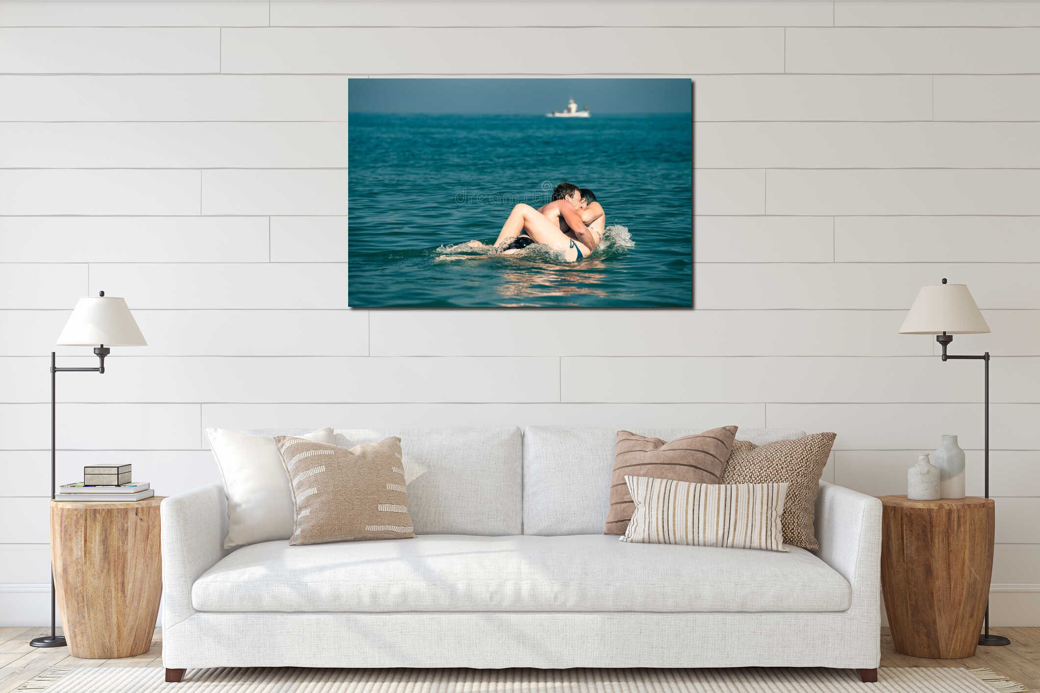Happy couple enjoying sea interior mockup