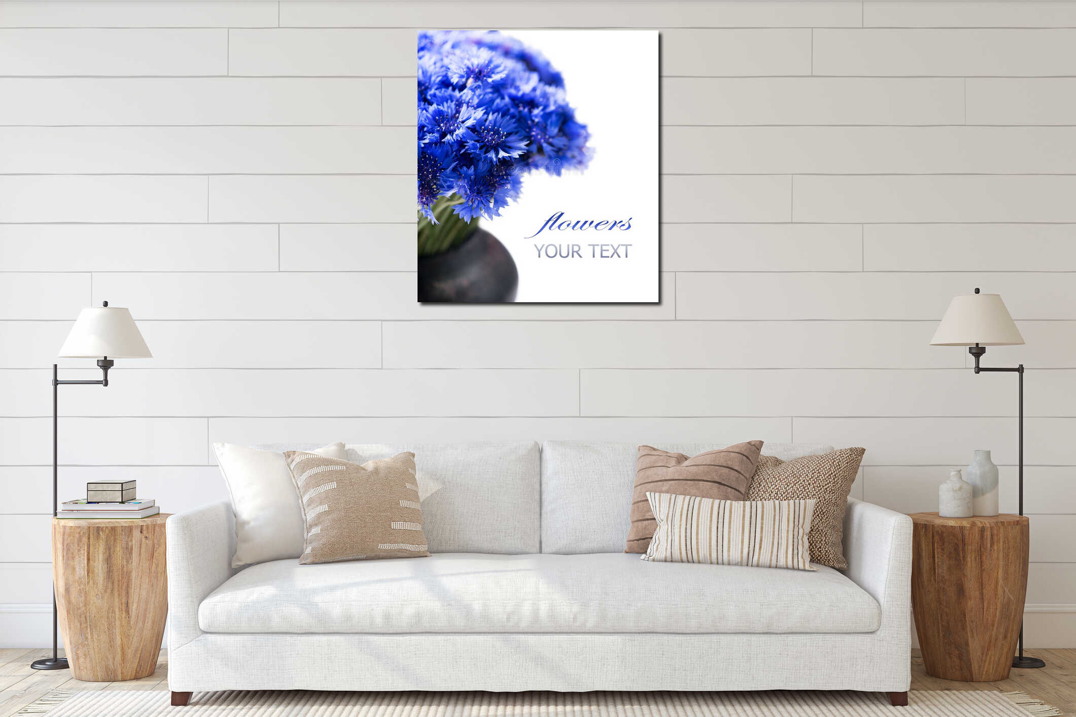 Cornflowers. Wild blue flowers bunch interior mockup