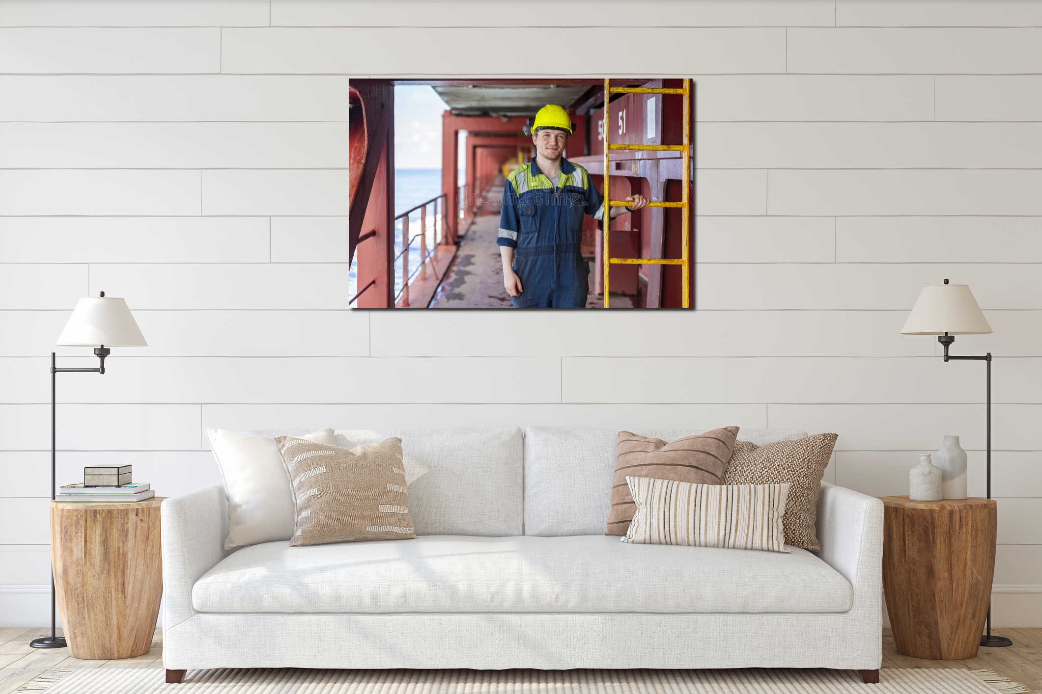 Portrait of the young marine engineer officer on board of the large cargo container ship. interior mockup