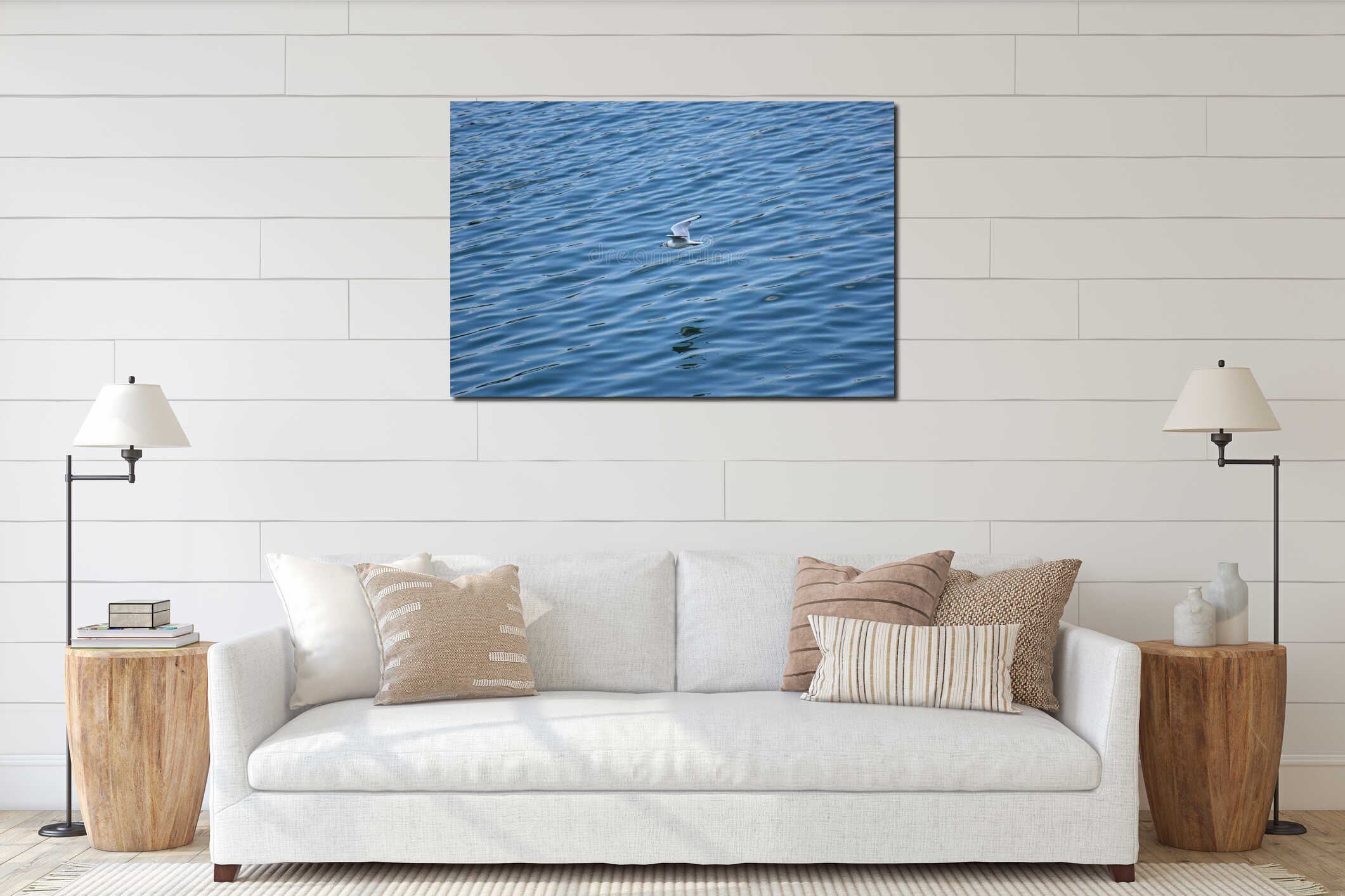 Graceful seagull flying above soft-patterned Danube river water interior mockup