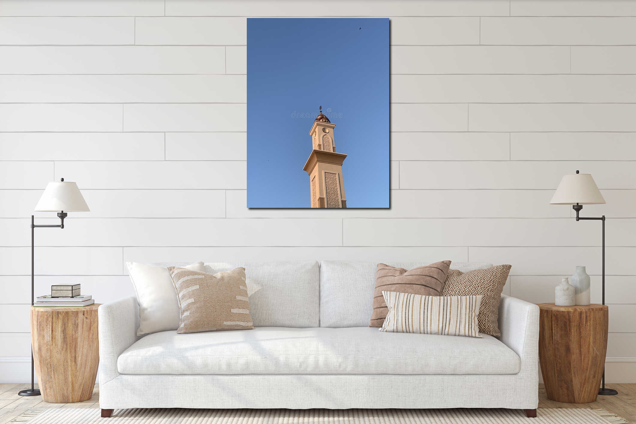Elegant Mosque Minaret under Clear Blue Sky interior mockup
