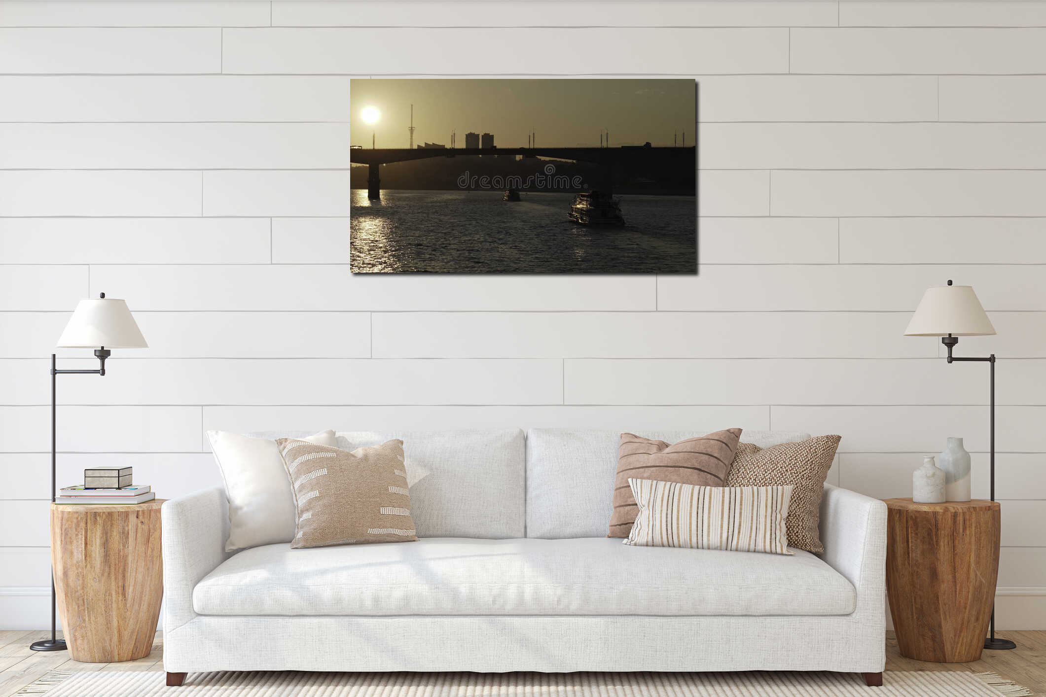 Passenger ships navigating river at sunset under bridge. Clip interior mockup