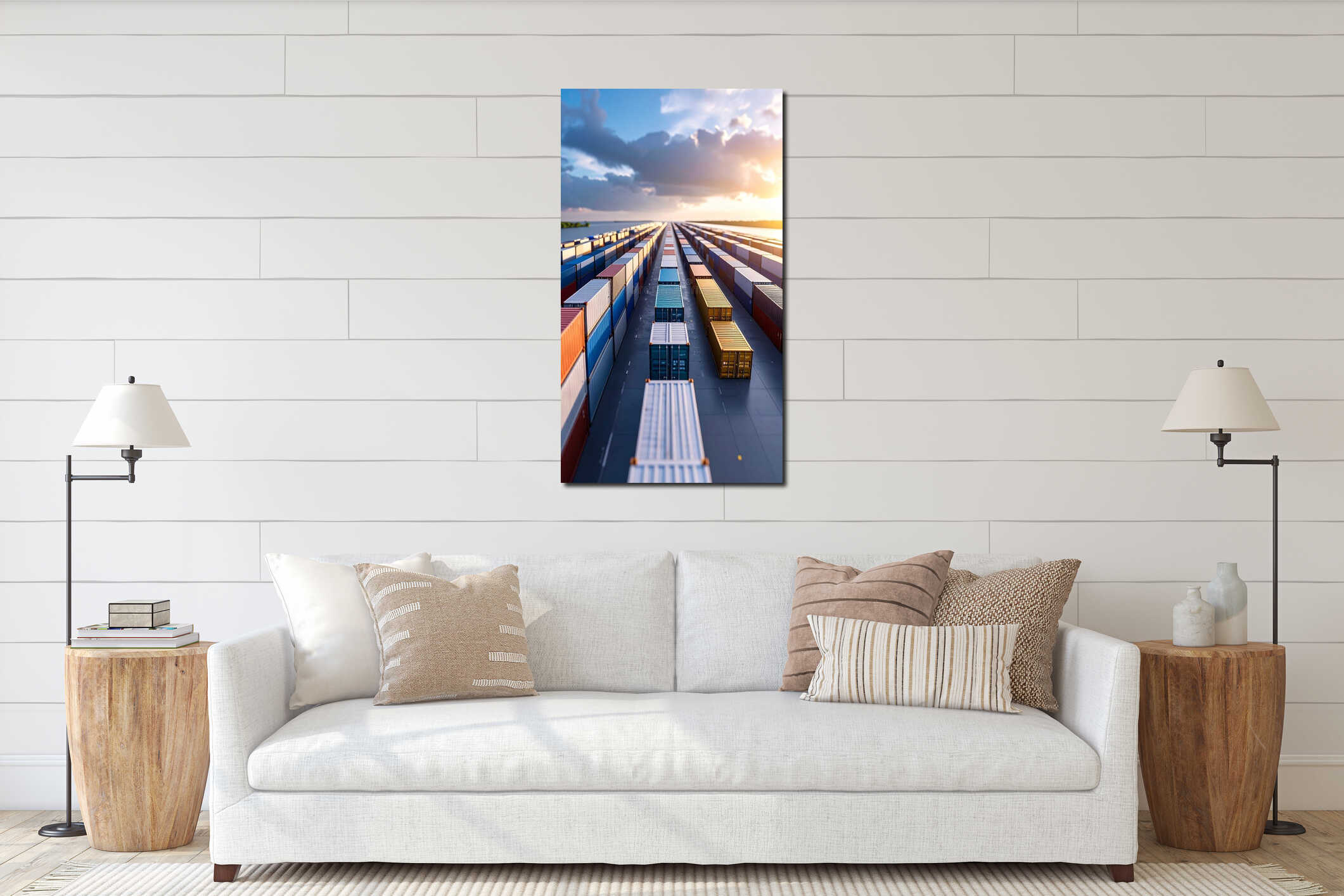 Rows of colorful cargo containers at an industrial port terminal with a dramatic sunset sky background. interior mockup