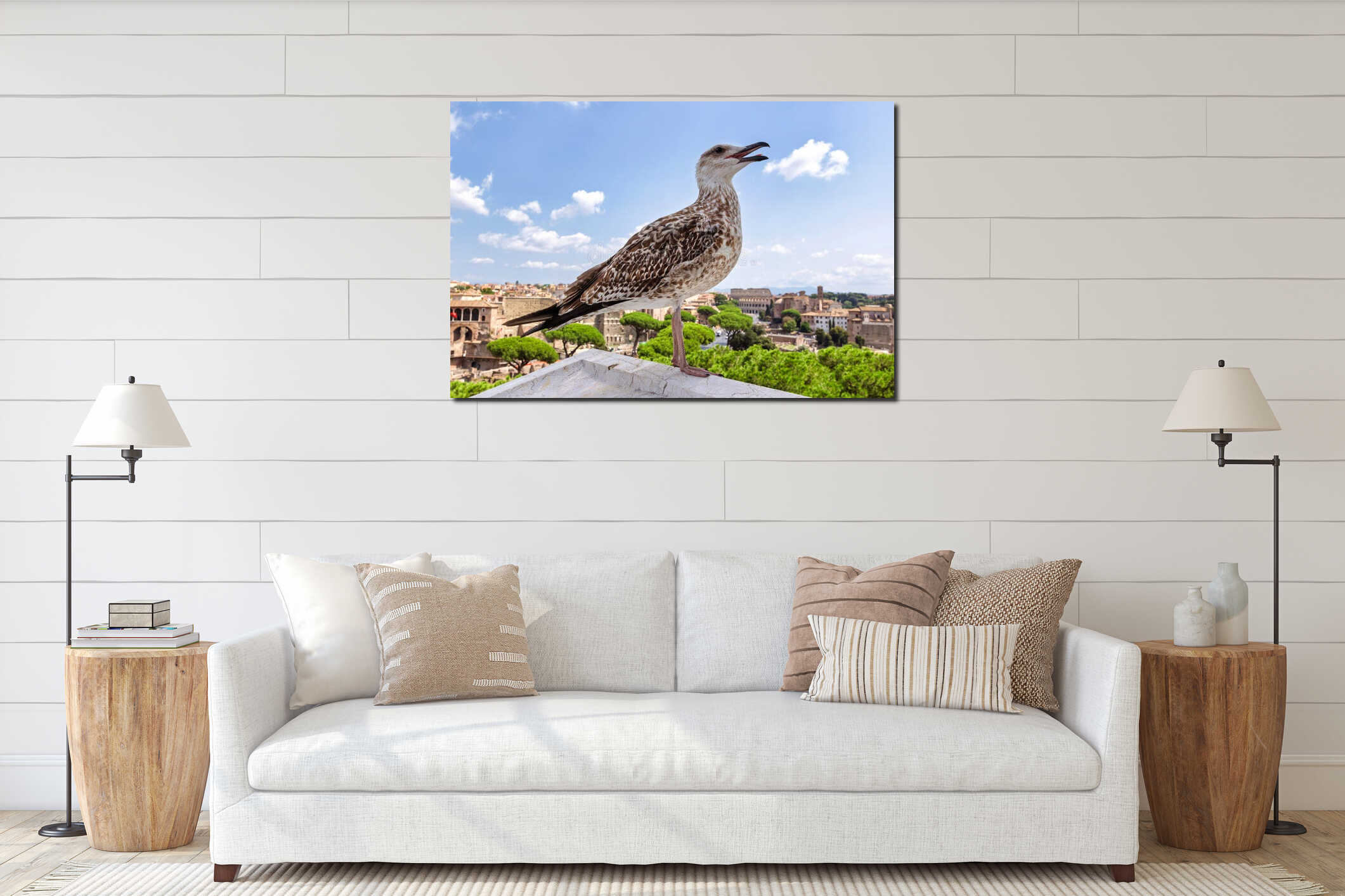 A seagull in front of the Roman Forum and Colosseum. interior mockup
