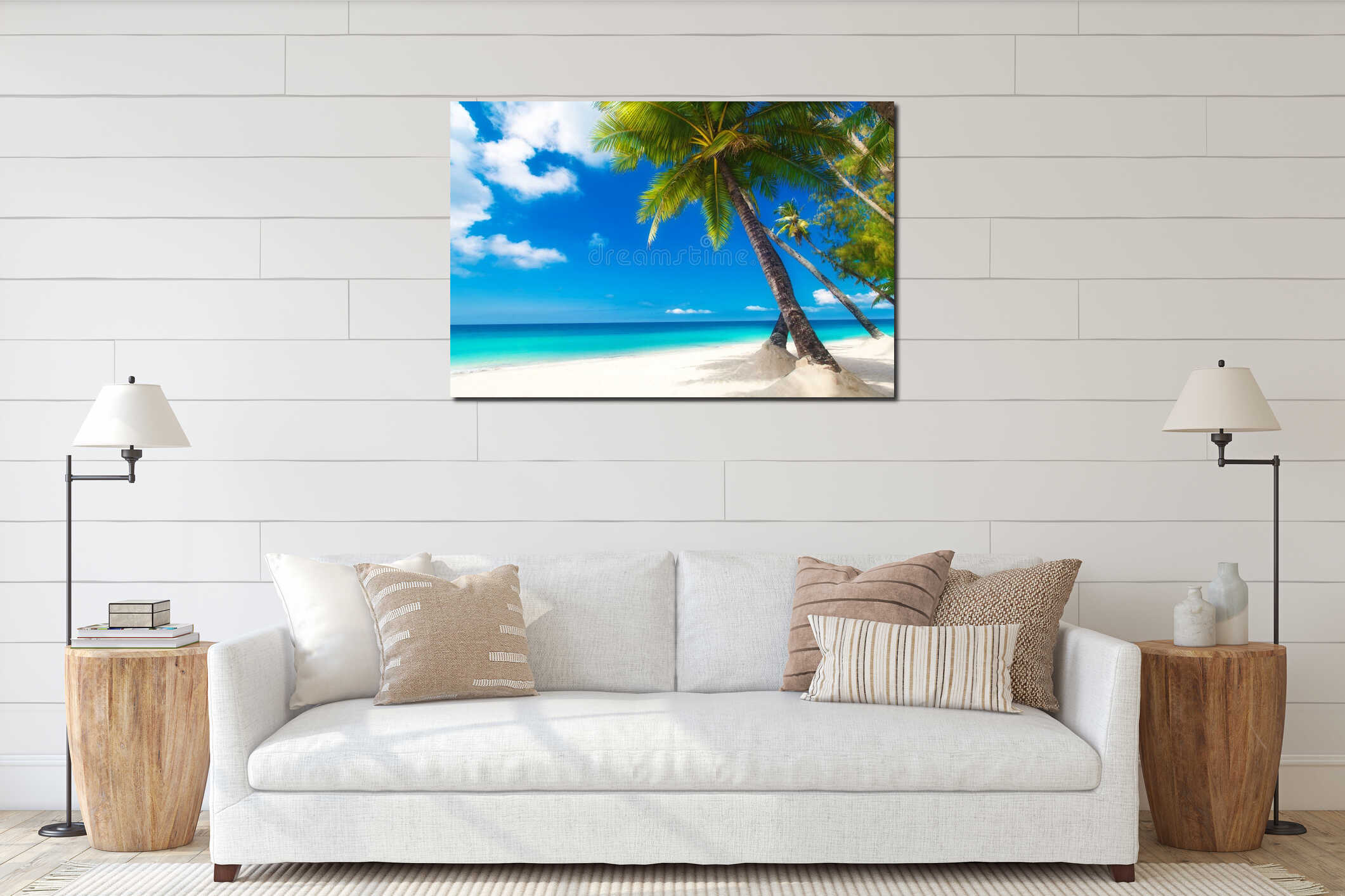 Dream scene. Beautiful palm tree over white sand beach. Summer n interior mockup