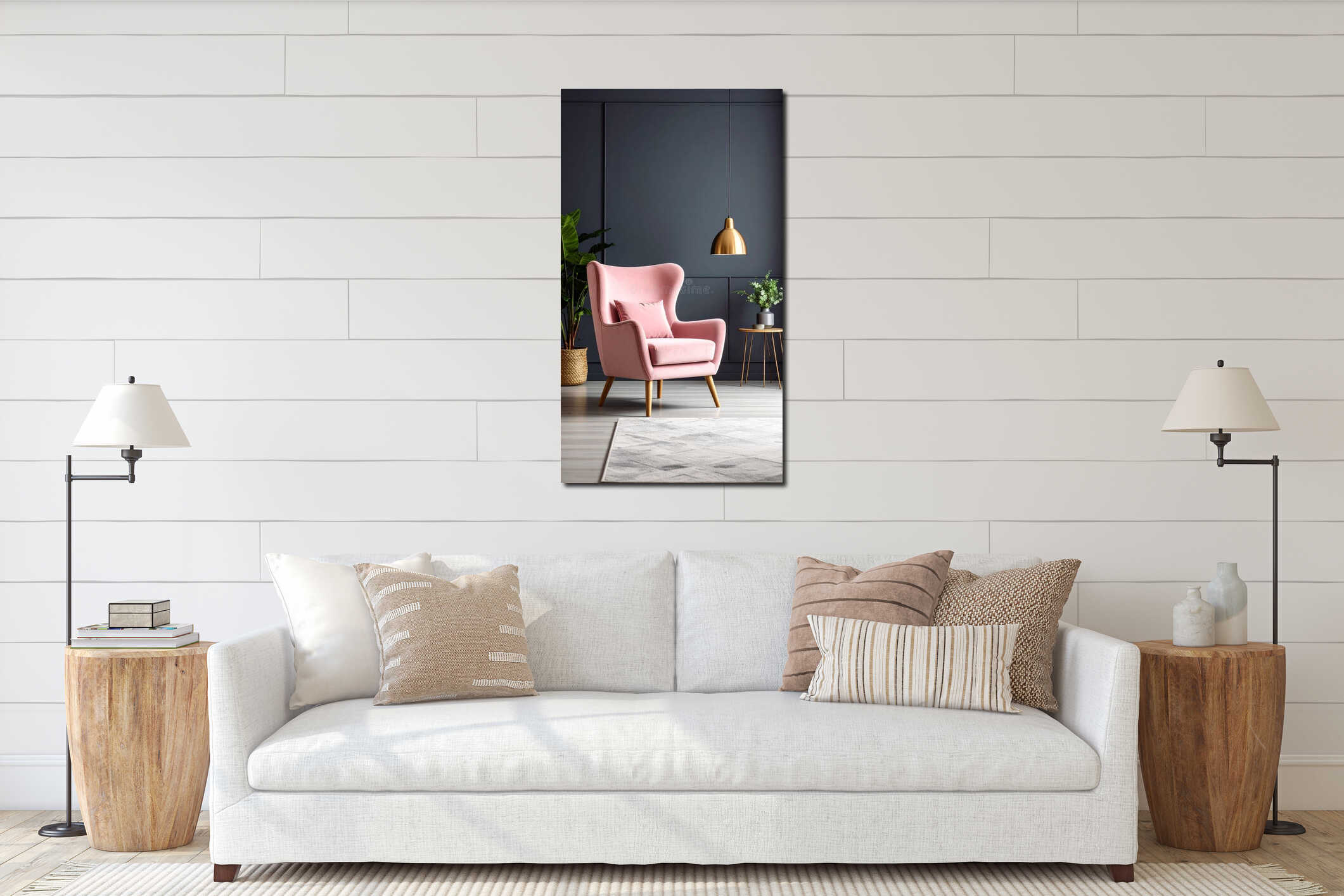 Stylish Living Room Interior Pink Velvet Armchair and Gold Accents Elegant Modern Design interior mockup