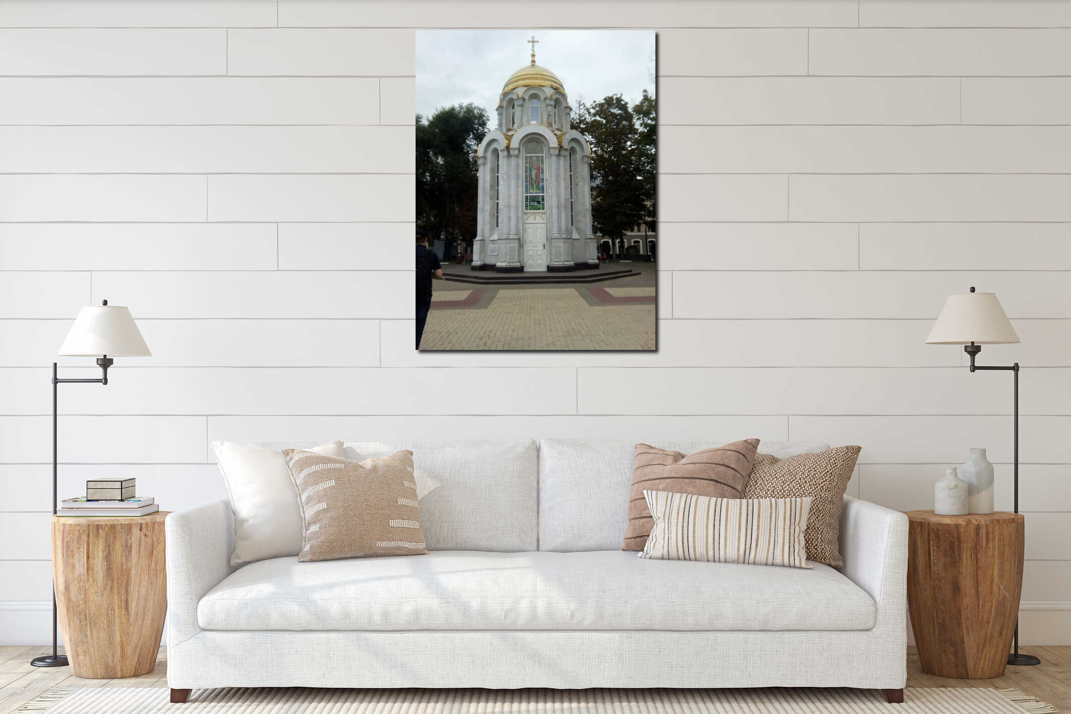 White chapel with golden dome surrounded by trees representing faith, culture, and historic architecture interior mockup
