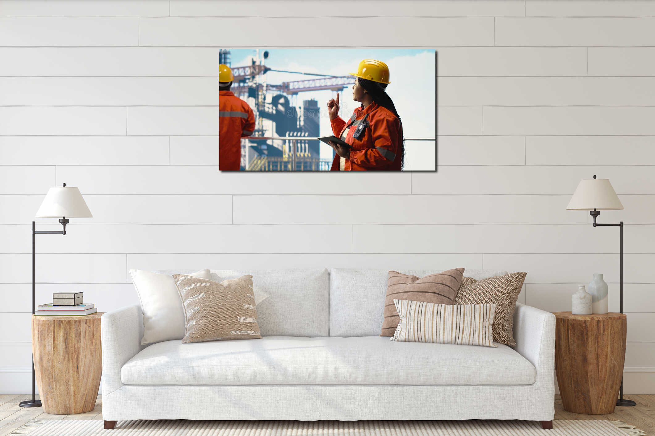 Team of offshore platform engineers supervising production activity interior mockup