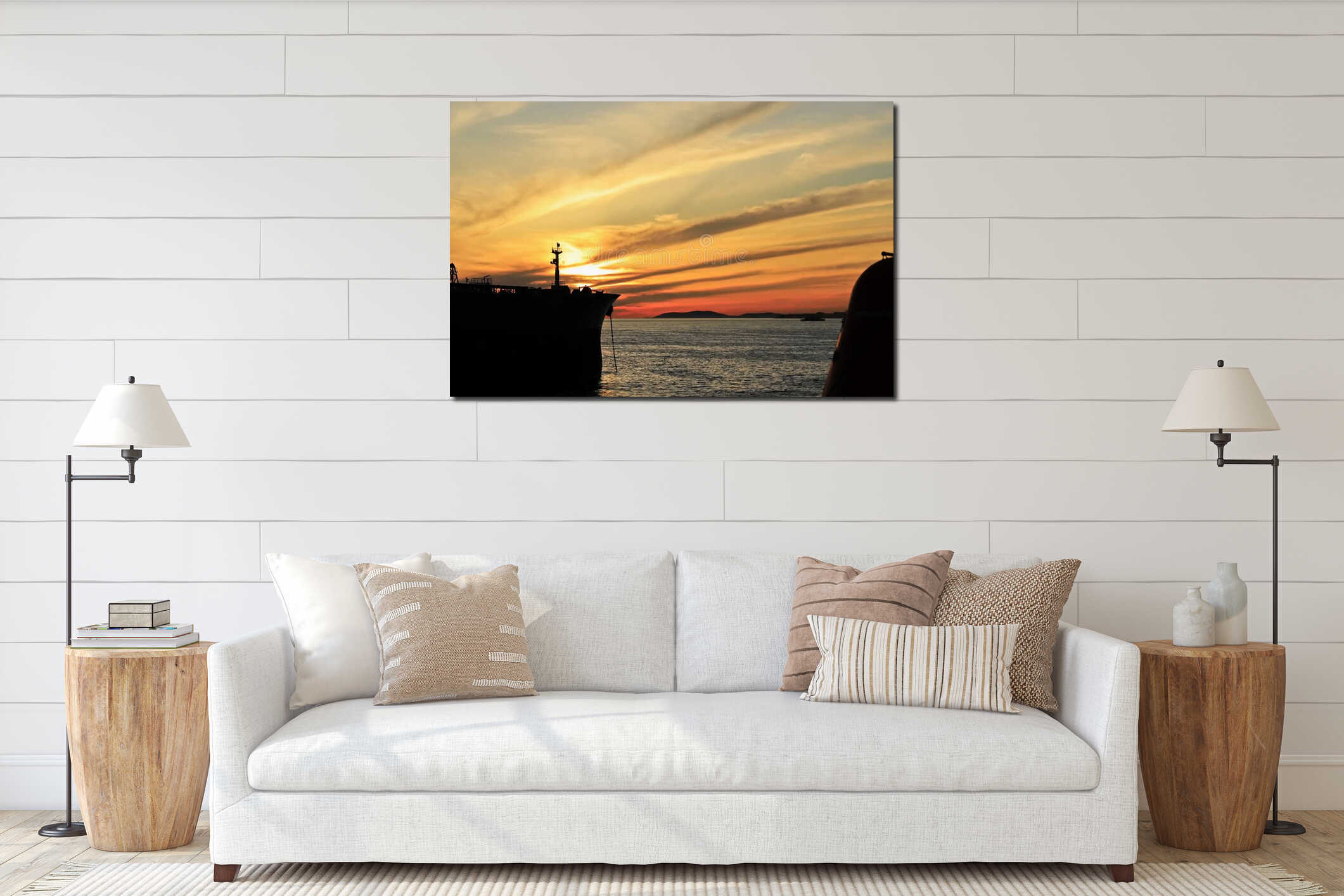 Night views of ships and berths in the port. Colorful views, the play of colors at sunrise. Port of Yalova, Turkey. 2025 interior mockup