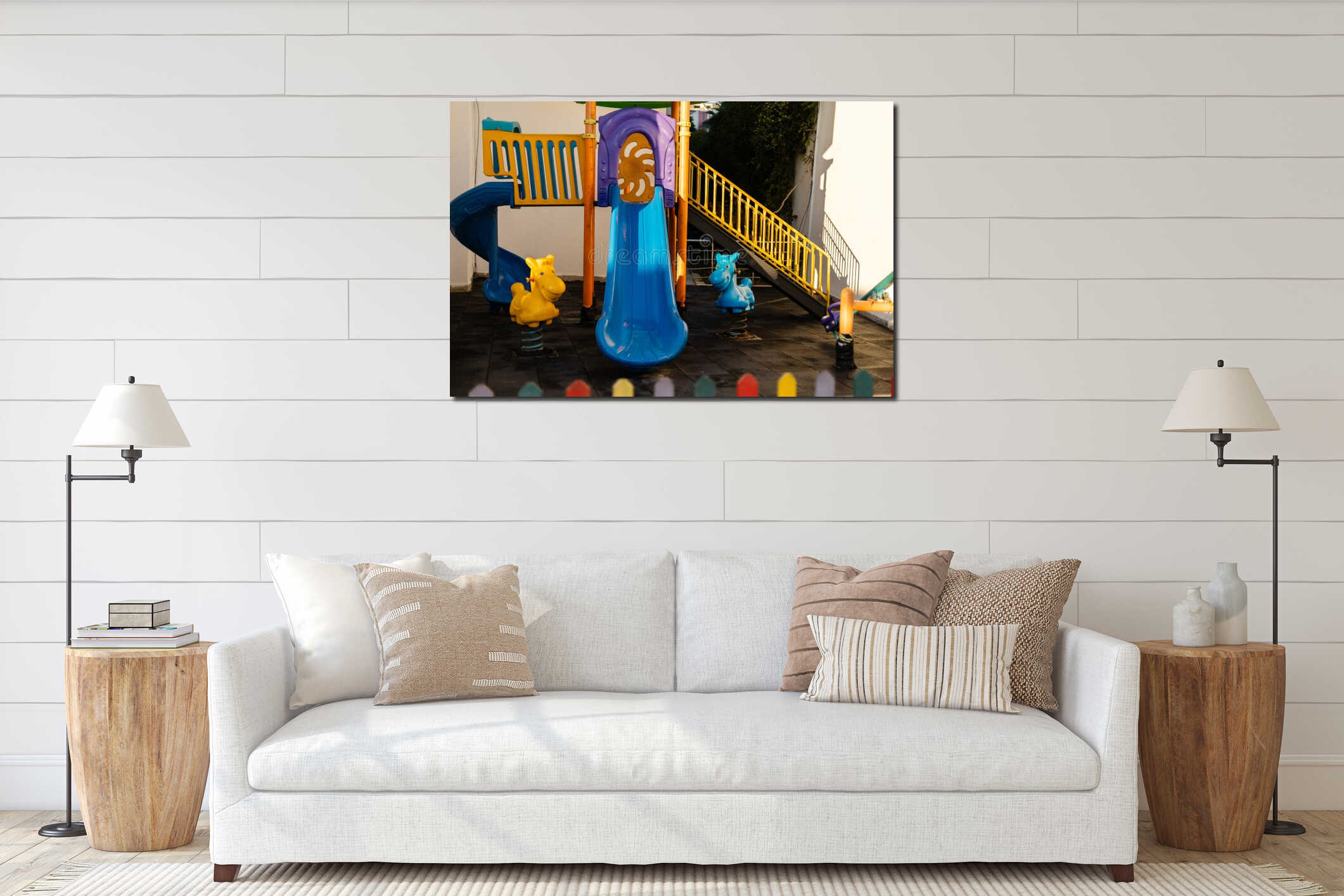 A vibrant playground scene featuring a blue slide, yellow animal spring riders, and bright structures. This safe play area is interior mockup