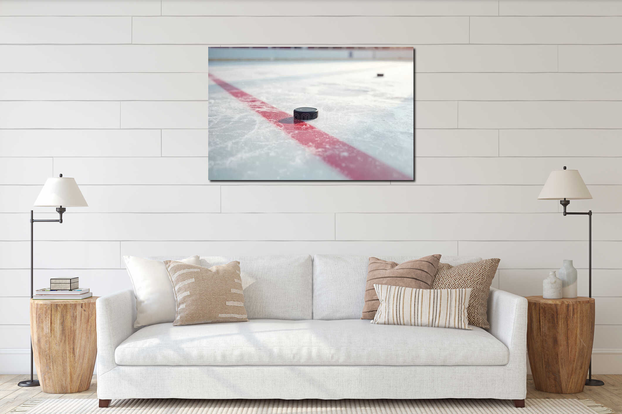 Close up of ice hockey puck on rink with red line. Ice texture visible with puck and another one in background. Hockey game interior mockup