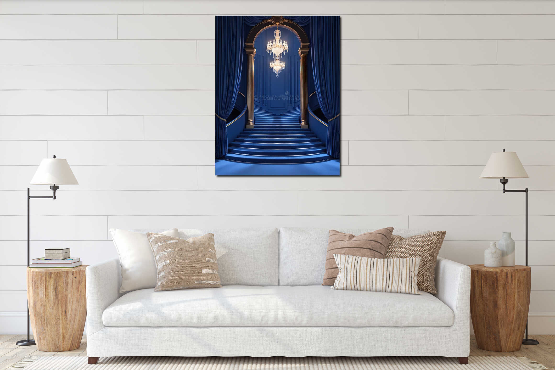 Grand blue staircase in opulent interior with elegant crystal chandeliers. Golden columns, rich velvet curtains frame luxurious interior mockup