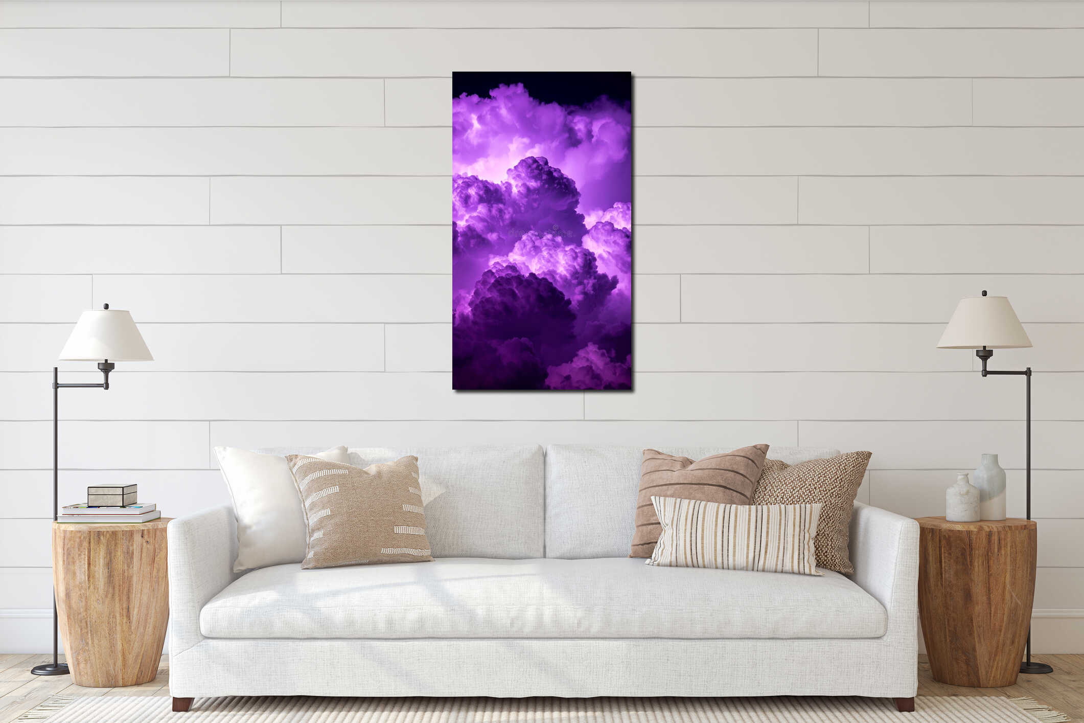Vibrant purple storm clouds fill the dramatic sky with glowing atmospheric light interior mockup