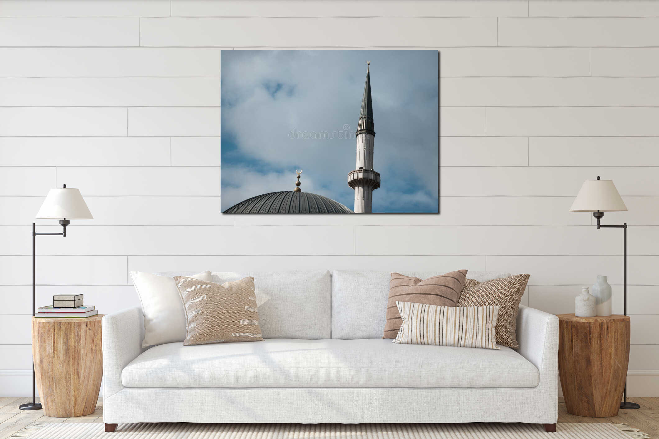 Detail of an Islamic mosque with a dome and minaret against a cloudy blue sky interior mockup