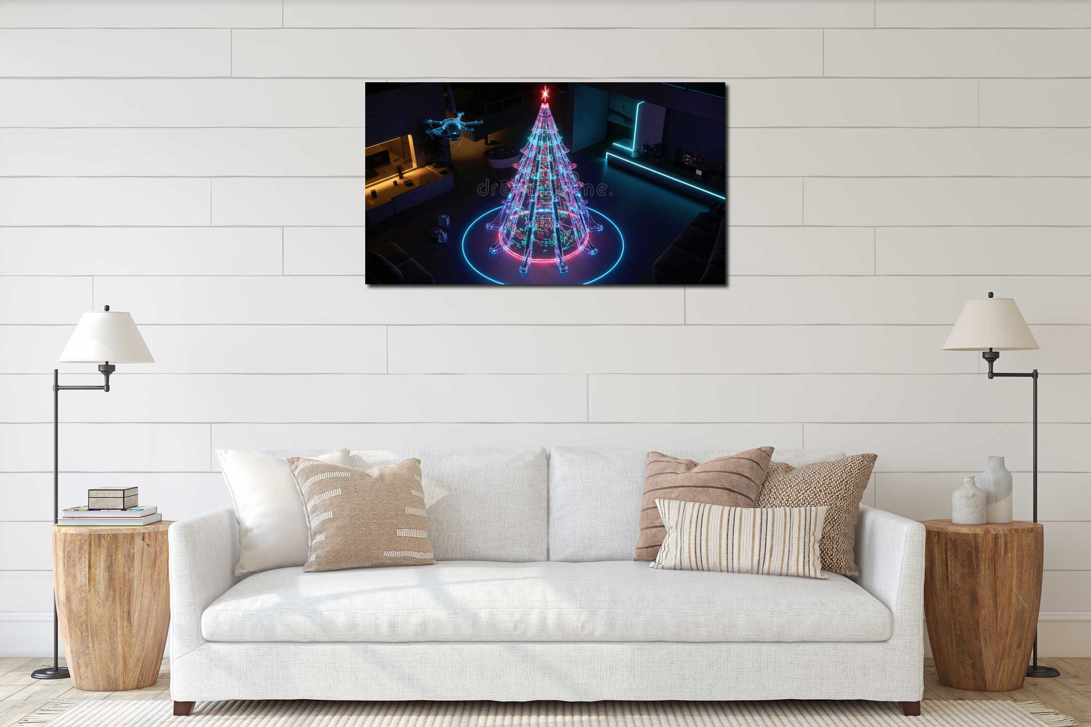Glowing neon Christmas tree with flying drone in a modern futuristic interior. Holiday season in a digital smart home. interior mockup