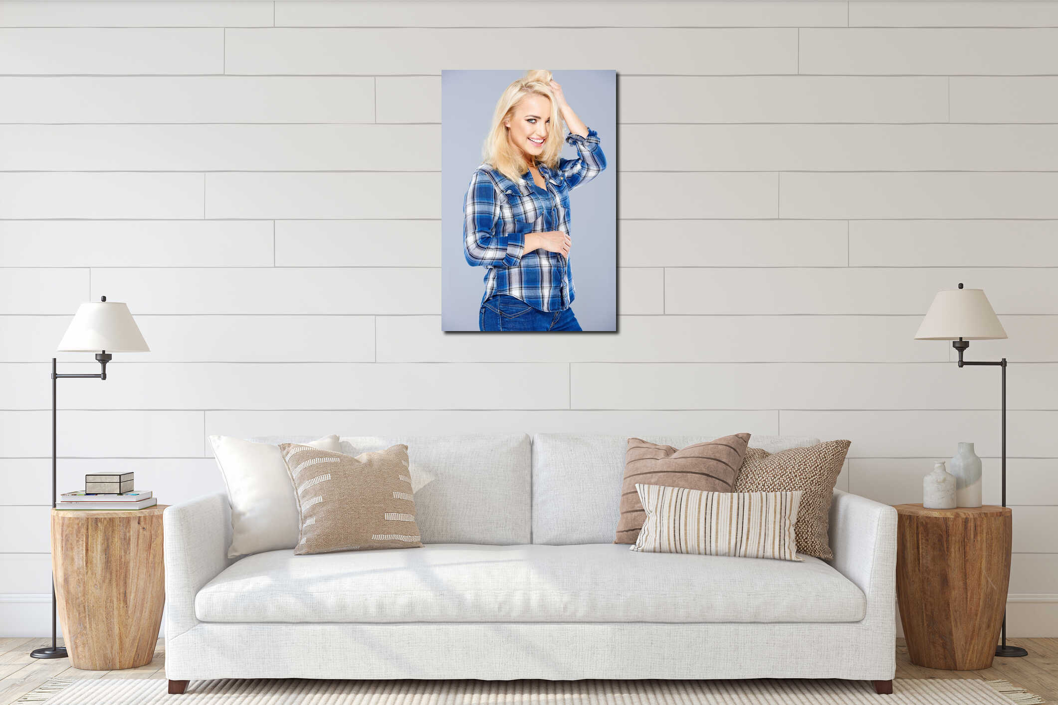 Beautiful happy blond girl in blue jeans interior mockup