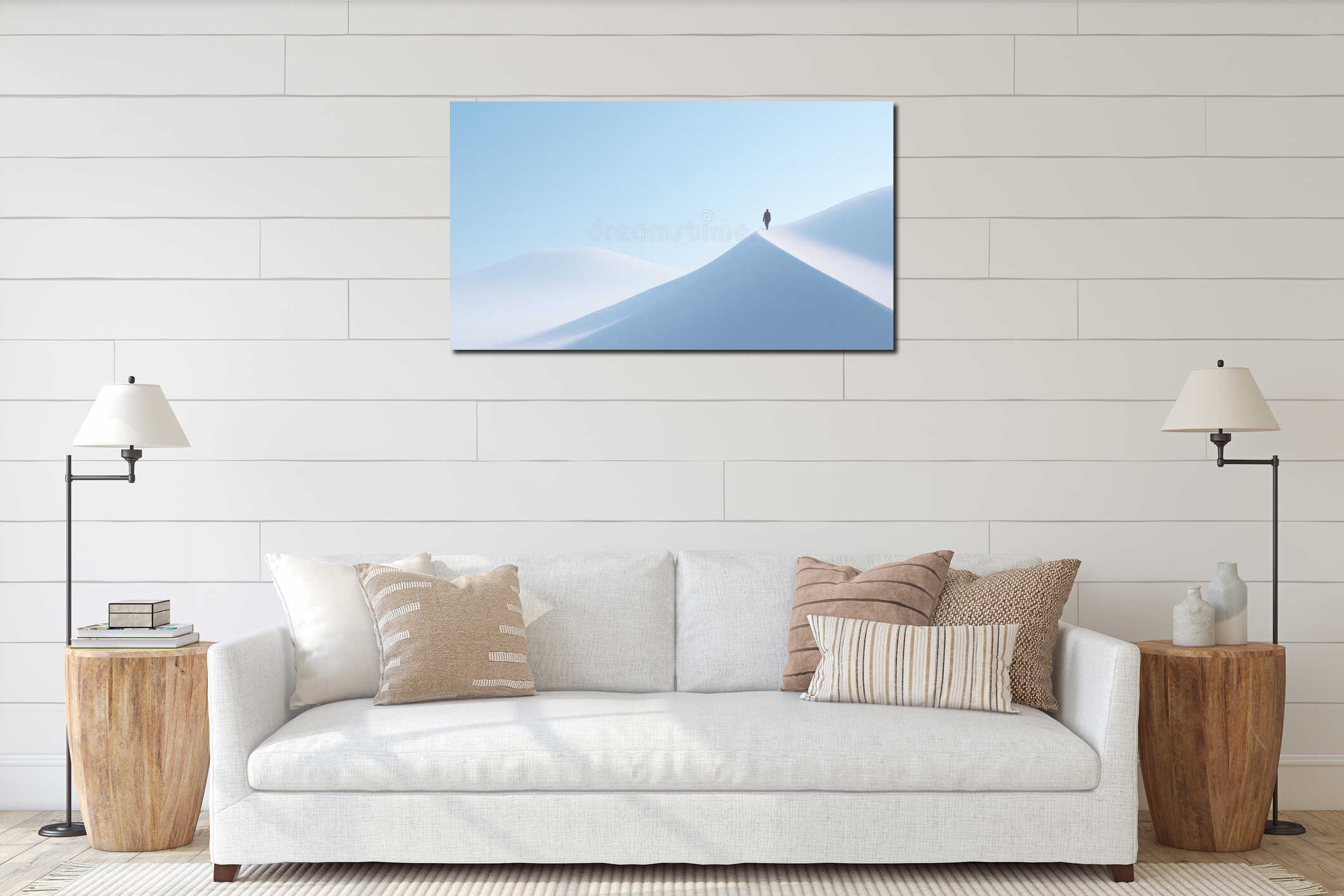 Quiet figure on sunlit dune, Solo traveler amidst warm desert landscape, Lone figure traverses sunlit sands expressing interior mockup