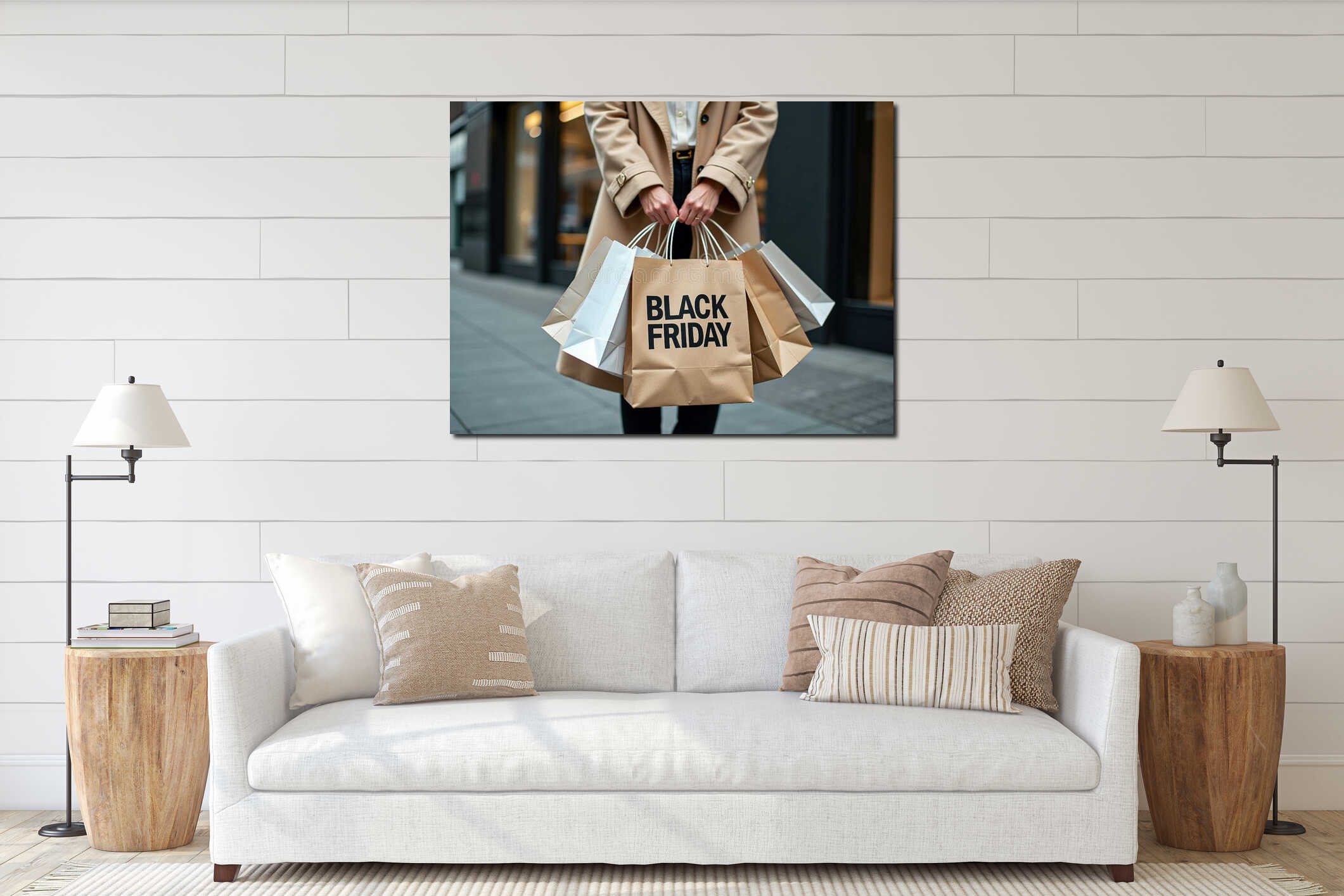 Woman holding Black Friday shopping bags while checking smartphone, modern retail and digital commerce interior mockup