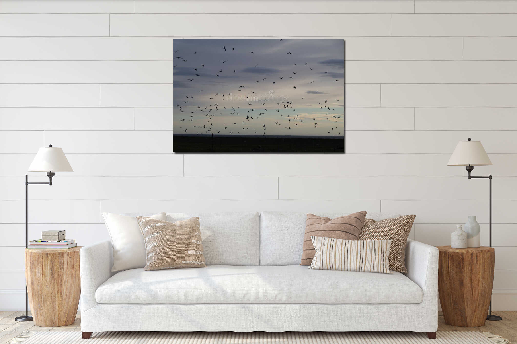 Large number of arctic terns flying above their nesting colony under a pastel evening sky, Iceland interior mockup