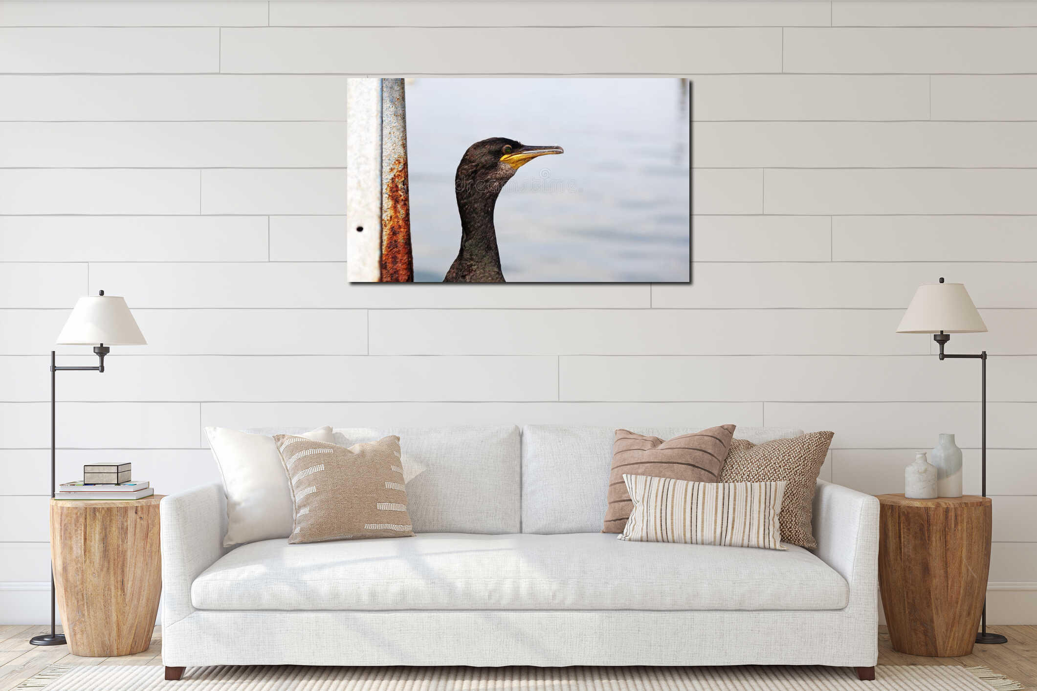 Cormorant Portrait Against Coastal Background interior mockup