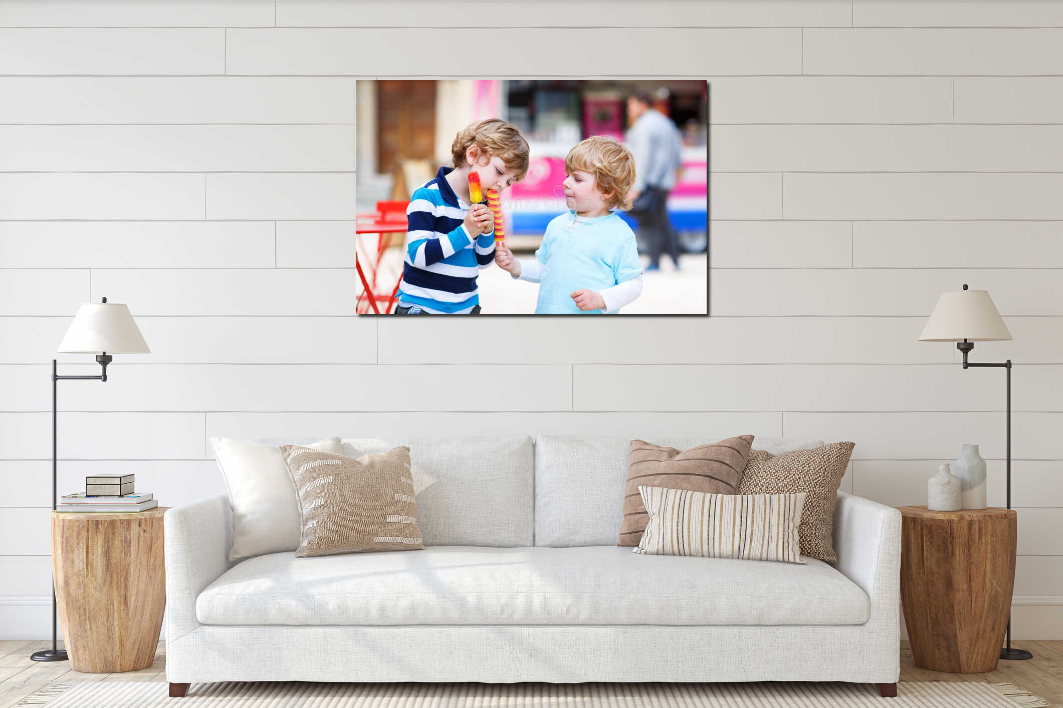 Two kids feeding each other with ice cream interior mockup
