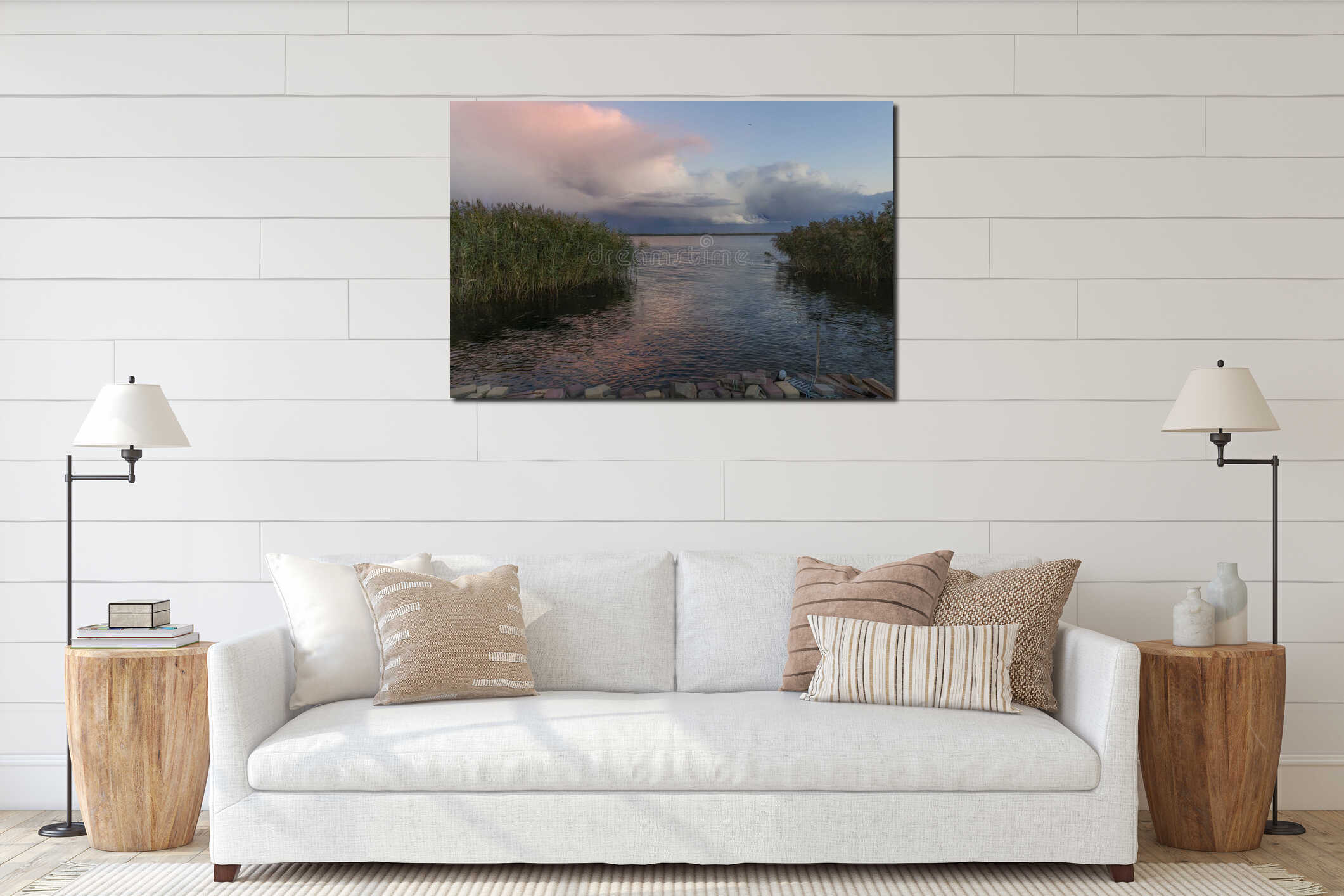 Beautiful golden sunset clouds over calm river and green reeds. Natural landscape with warm evening light after rain interior mockup
