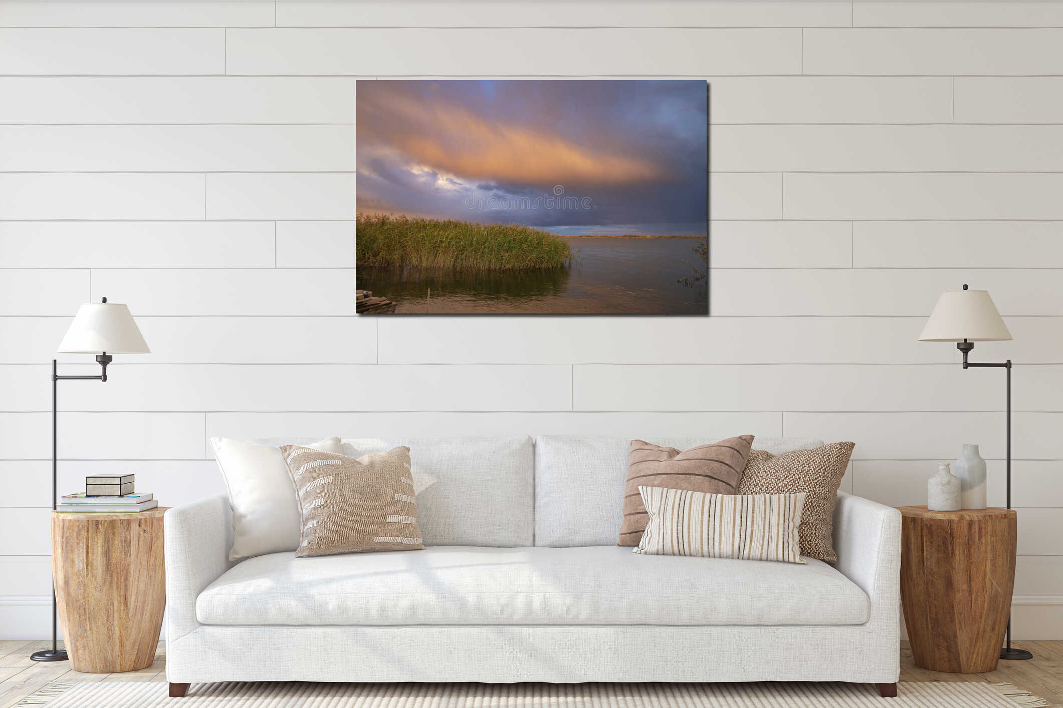 Beautiful golden sunset clouds over calm river and green reeds. Natural landscape with warm evening light after rain interior mockup