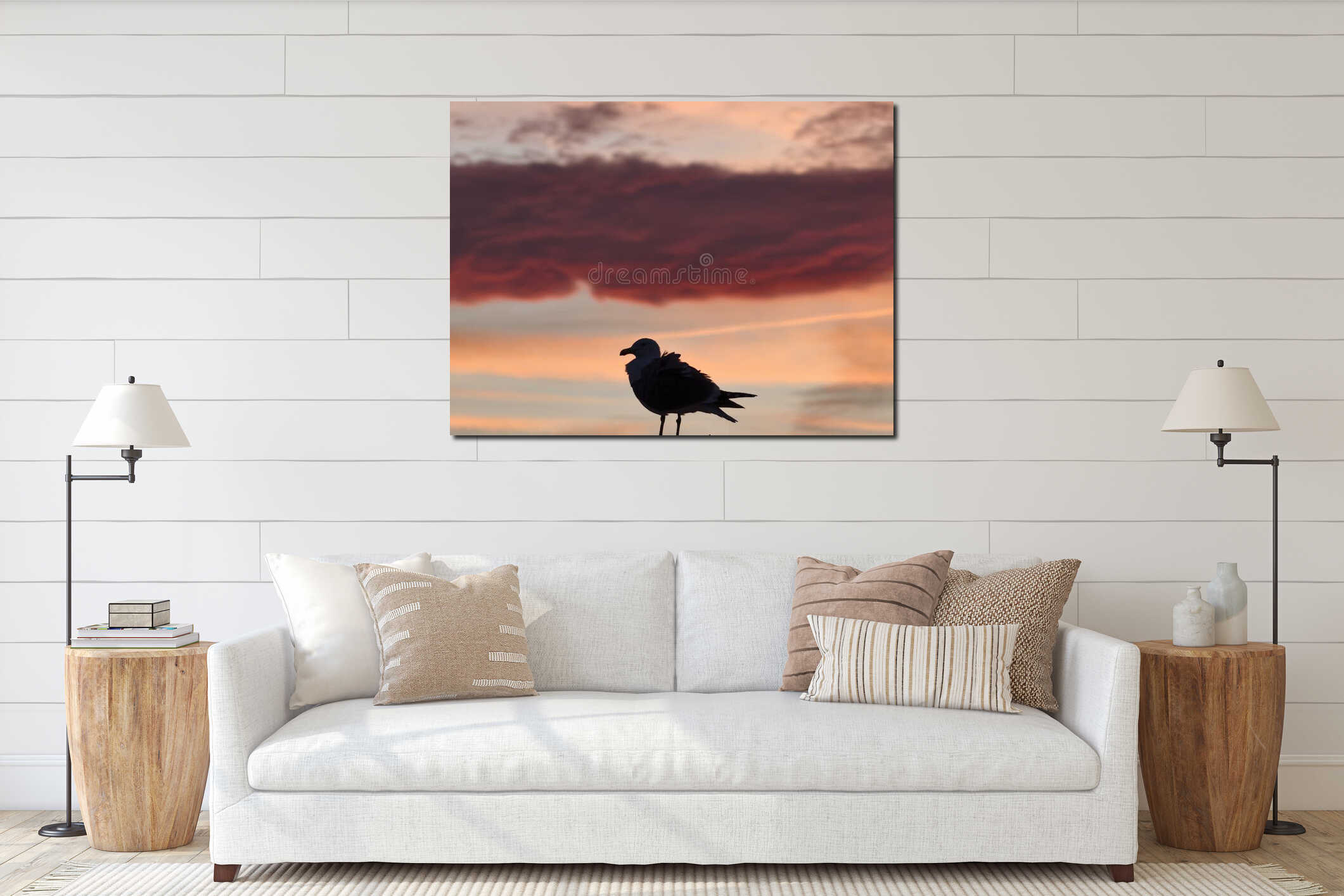 seagull sunset scene, coastal sun setting with contrasting colors and solitary seagull observing interior mockup