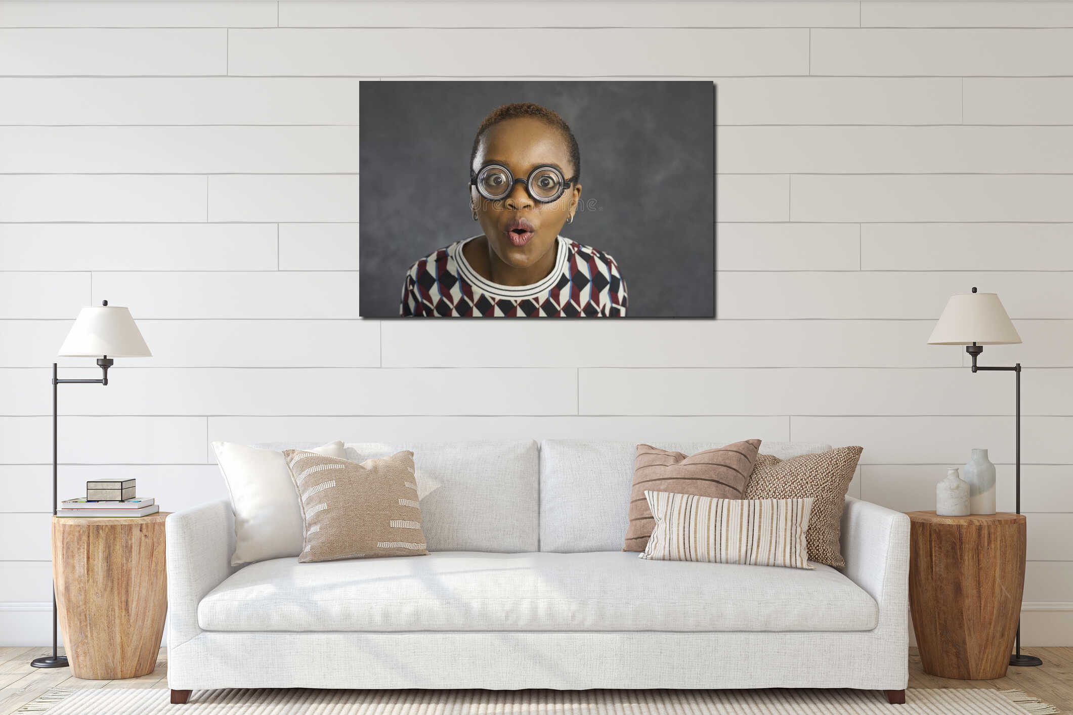 Portrait of funny shocked african american woman in glasses with magnifying glass. interior mockup