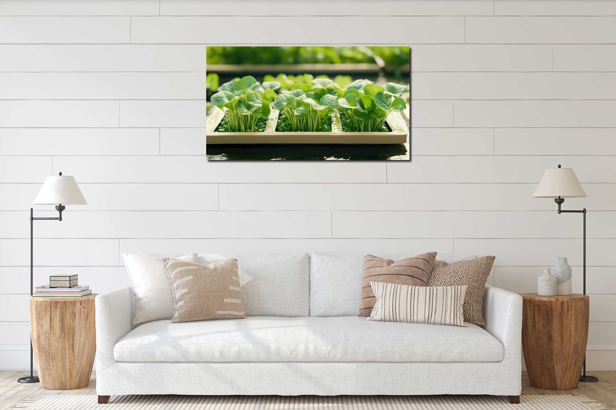 Fresh green young sprouts growing in clean water. Modern vertical farm technology for urban rooftop garden agriculture. Healthy interior mockup