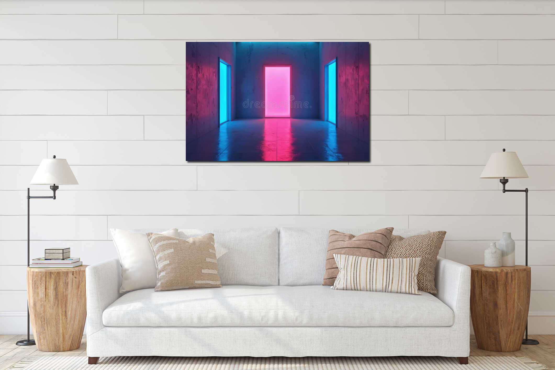 Abstract hallway with neon illuminated doors in blue and pink tones. Bright colorful lights reflect on shiny floor. Modern interior mockup