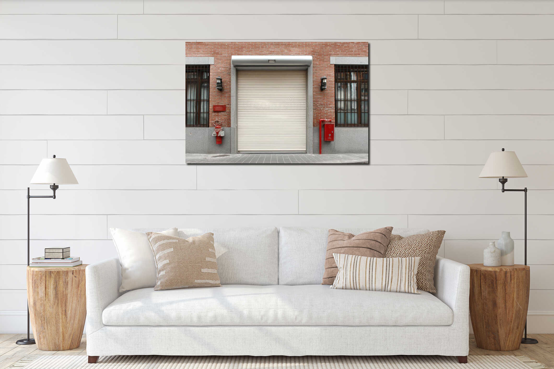 Beige roller shutter door protecting the entrance of a building with red fire hydrants and barred windows on a brick facade interior mockup