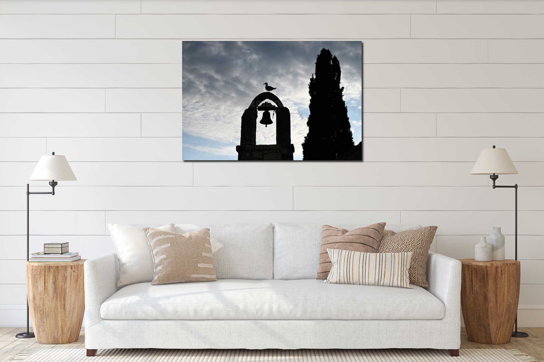 Seagull sitting on the old bell tower in the city of Split, Croatia interior mockup