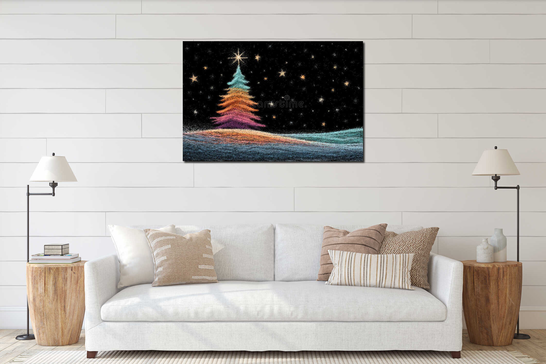 Vibrant christmas tree standing on a snowy landscape under a dark starry sky interior mockup