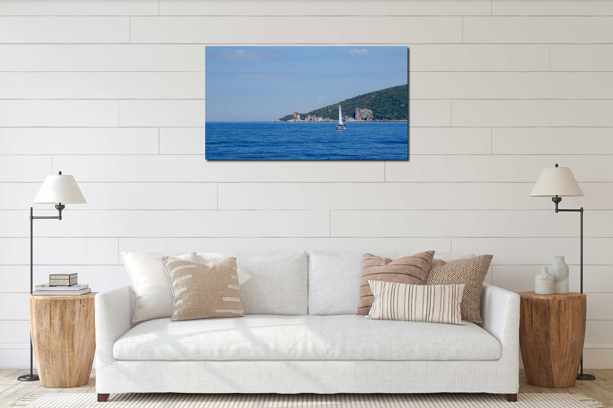 Beautiful coast of Greece with ship sailing against it interior mockup