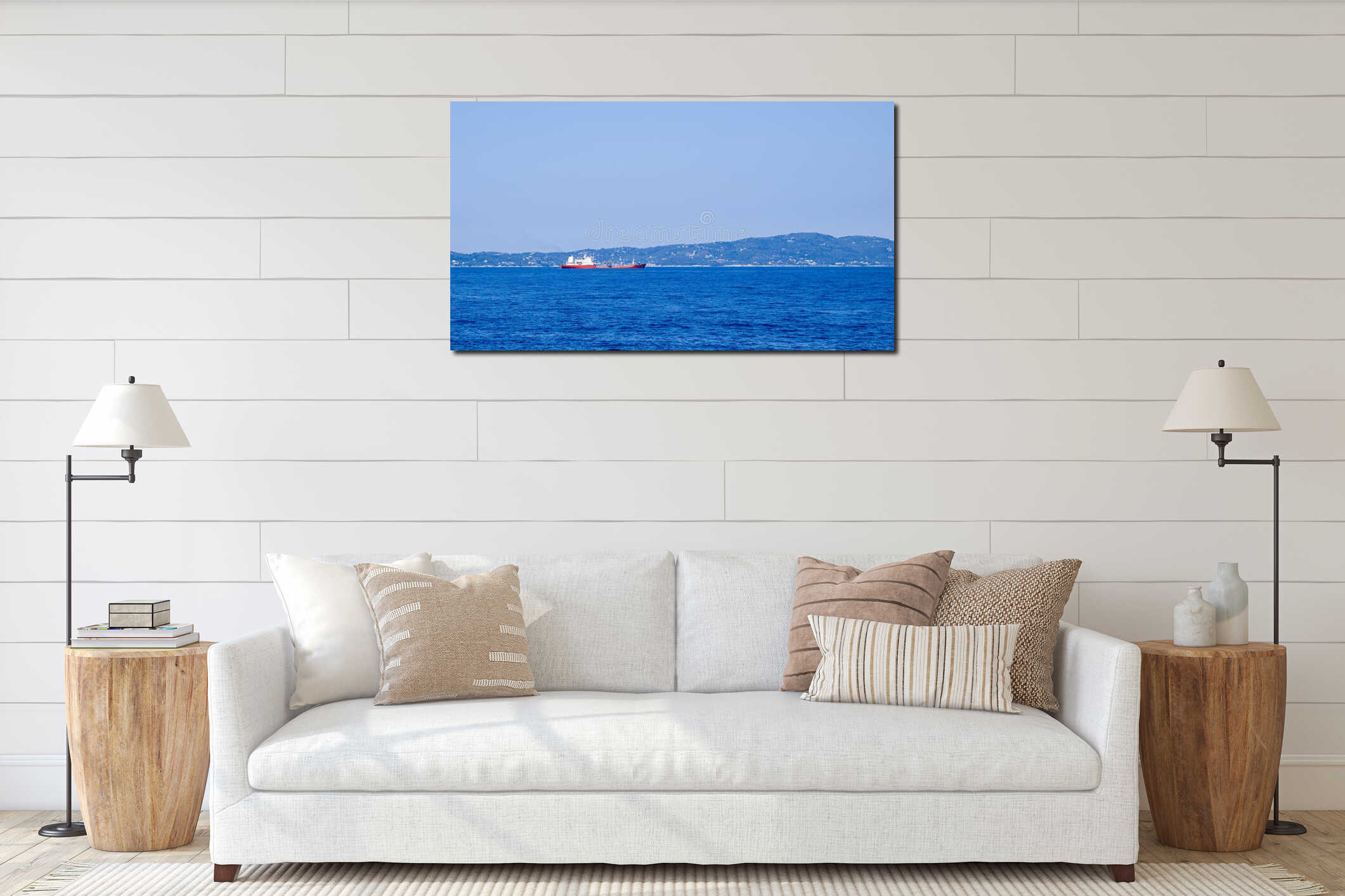 Beautiful green coast of Greece with ship sailing against it interior mockup