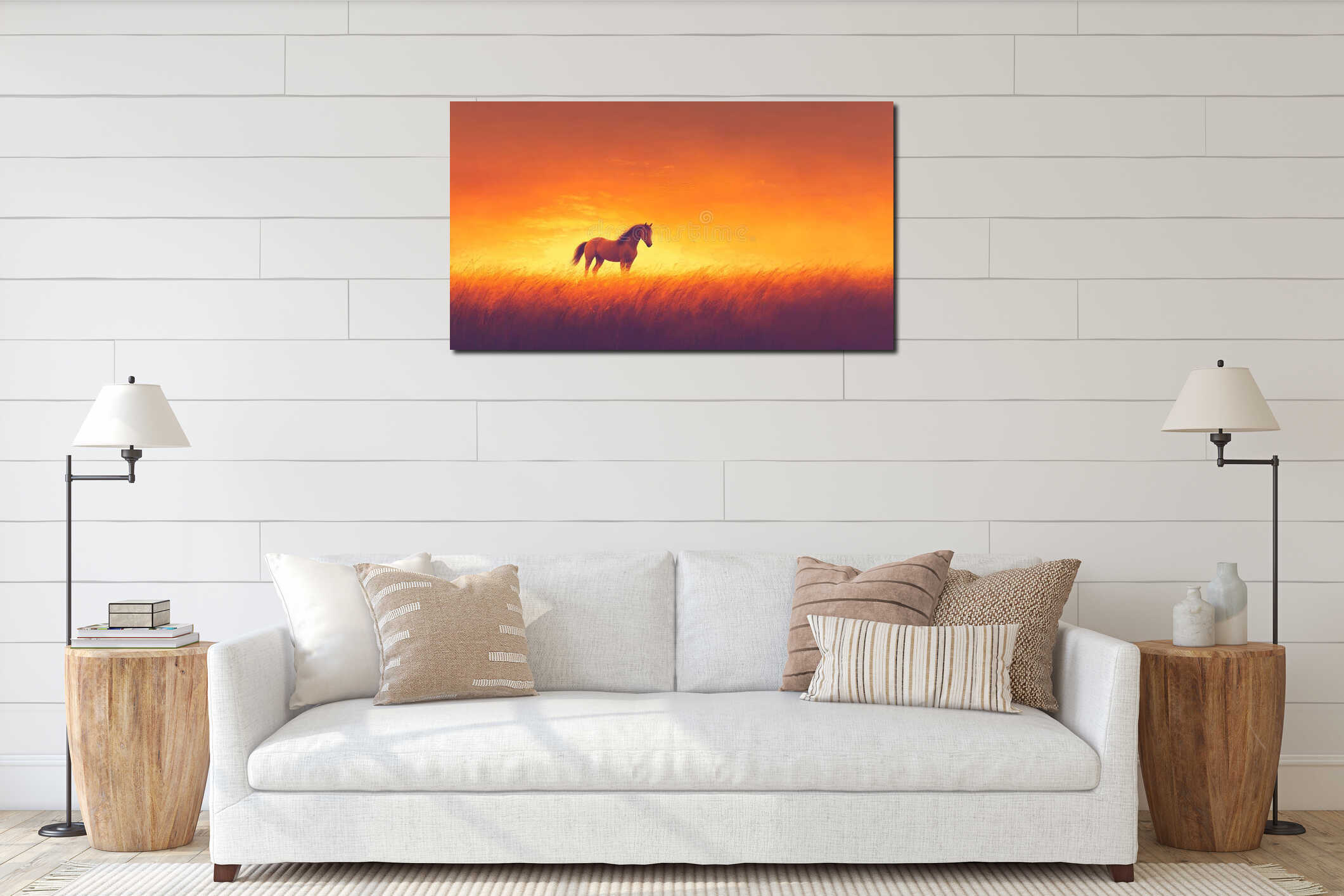Majestic horse in vibrant sunset landscape with golden light interior mockup