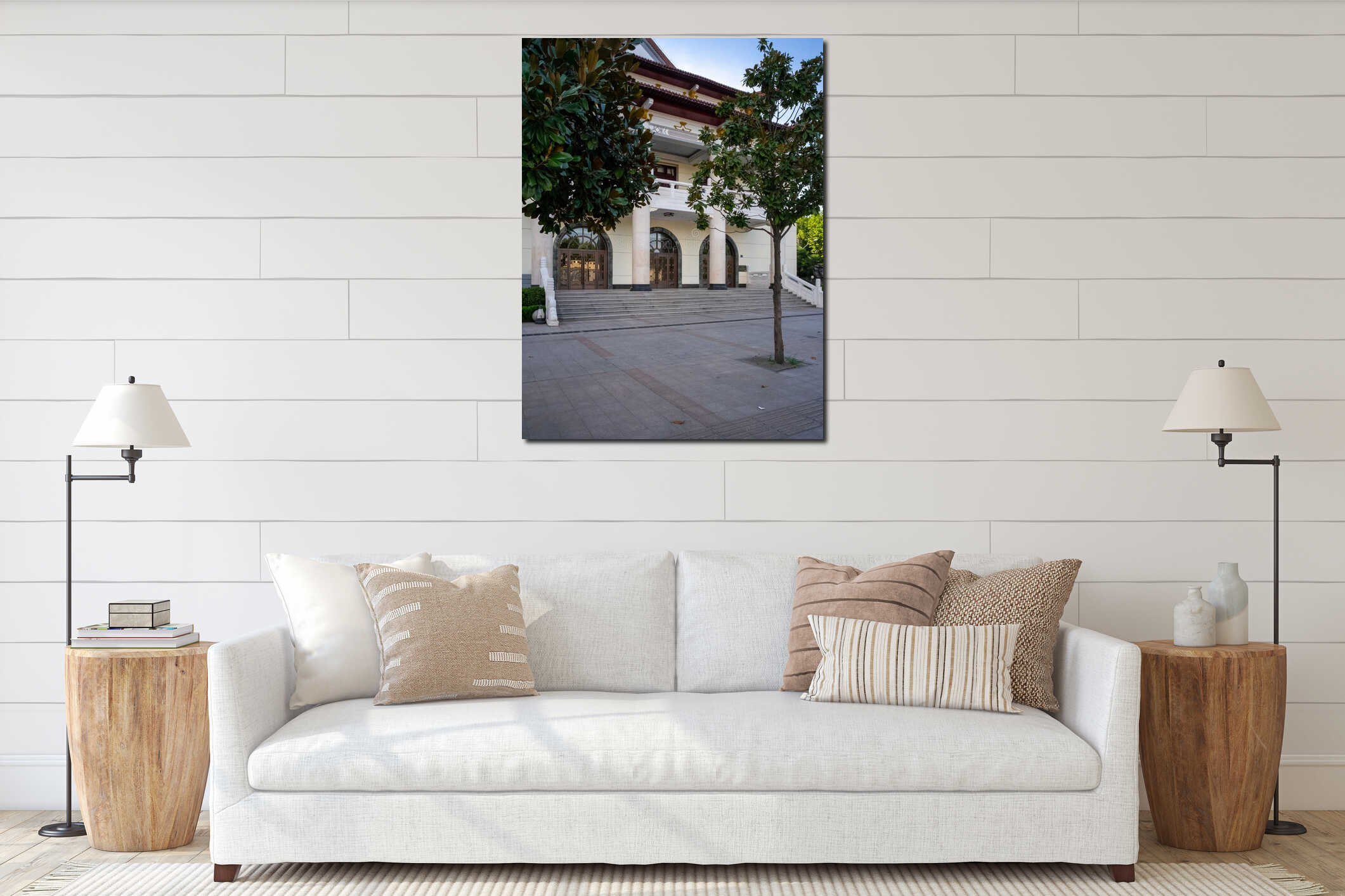 Grand Staircase Entrance with White Columns and Red?Tiled Roof interior mockup