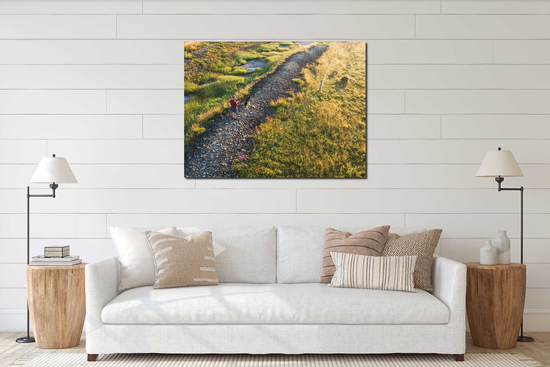Aerial drone shot of a man walking his husky dog on a scenic countryside trail during golden hour interior mockup