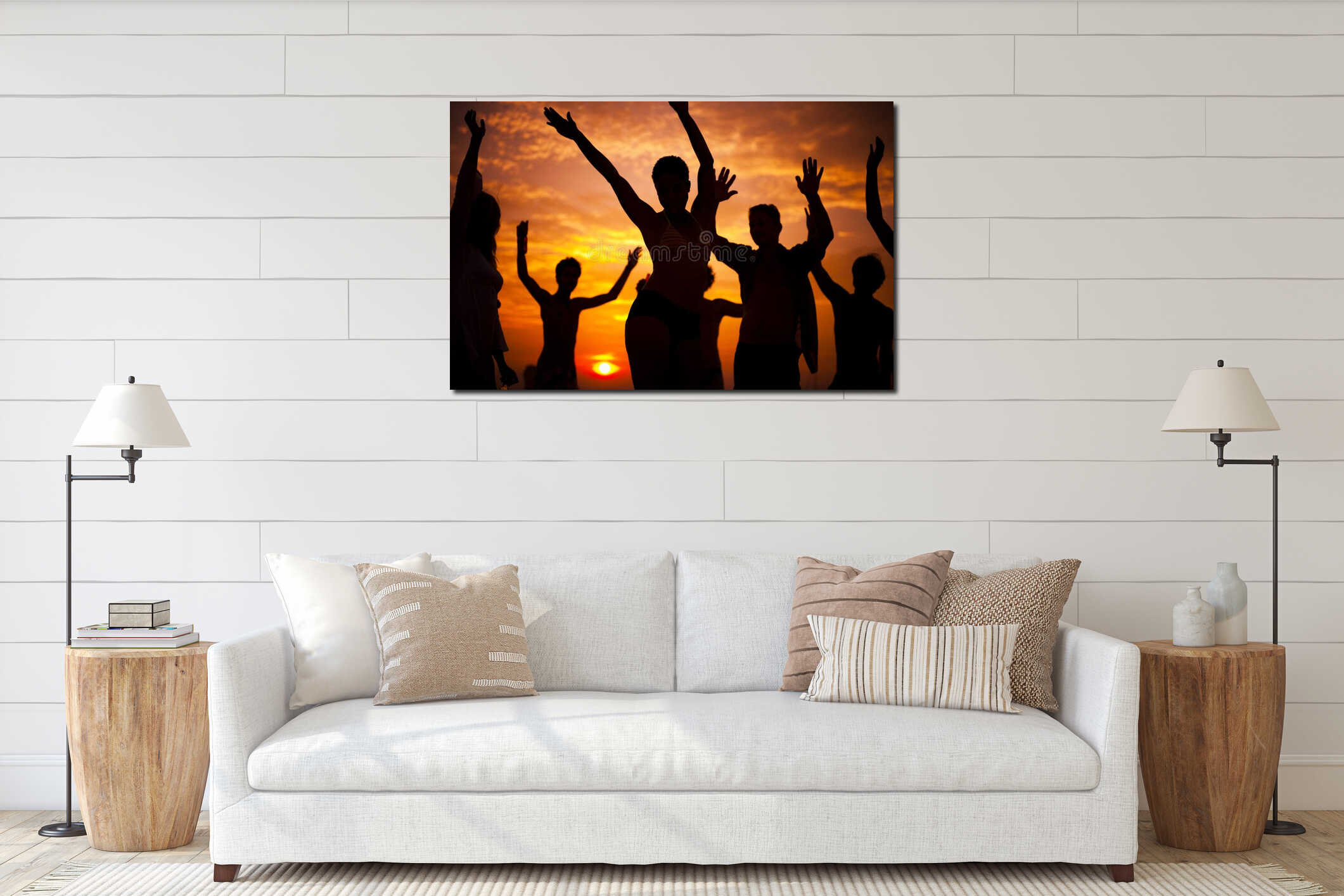 Young adults enjoying a tropical beach party interior mockup