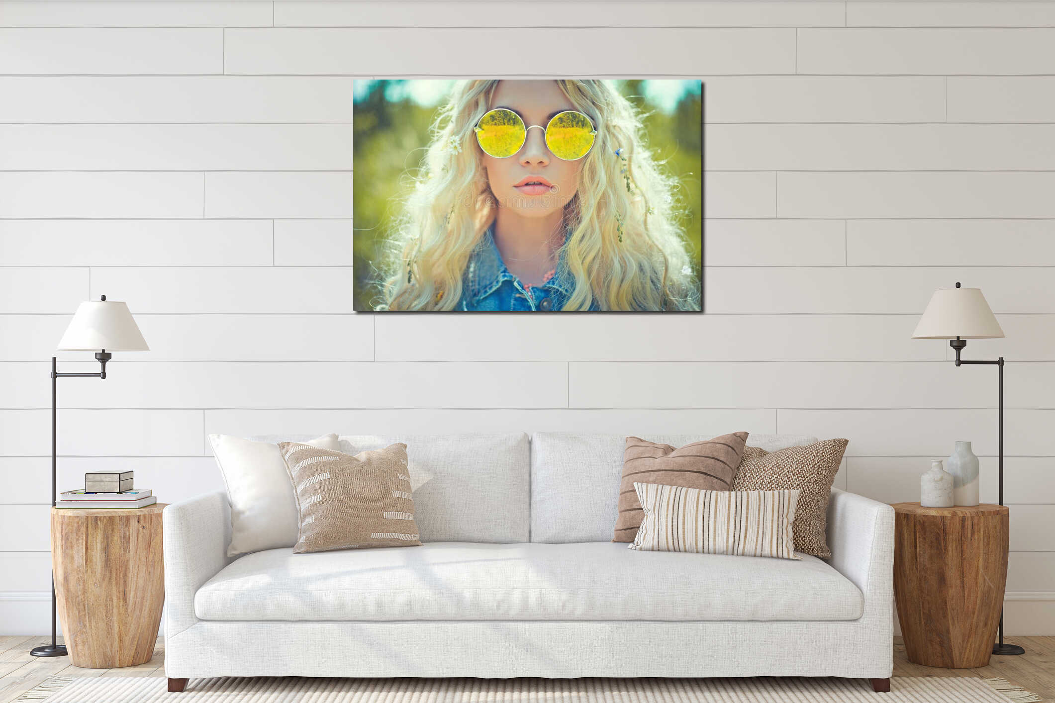 Outdoor portrait of young hippie woman interior mockup
