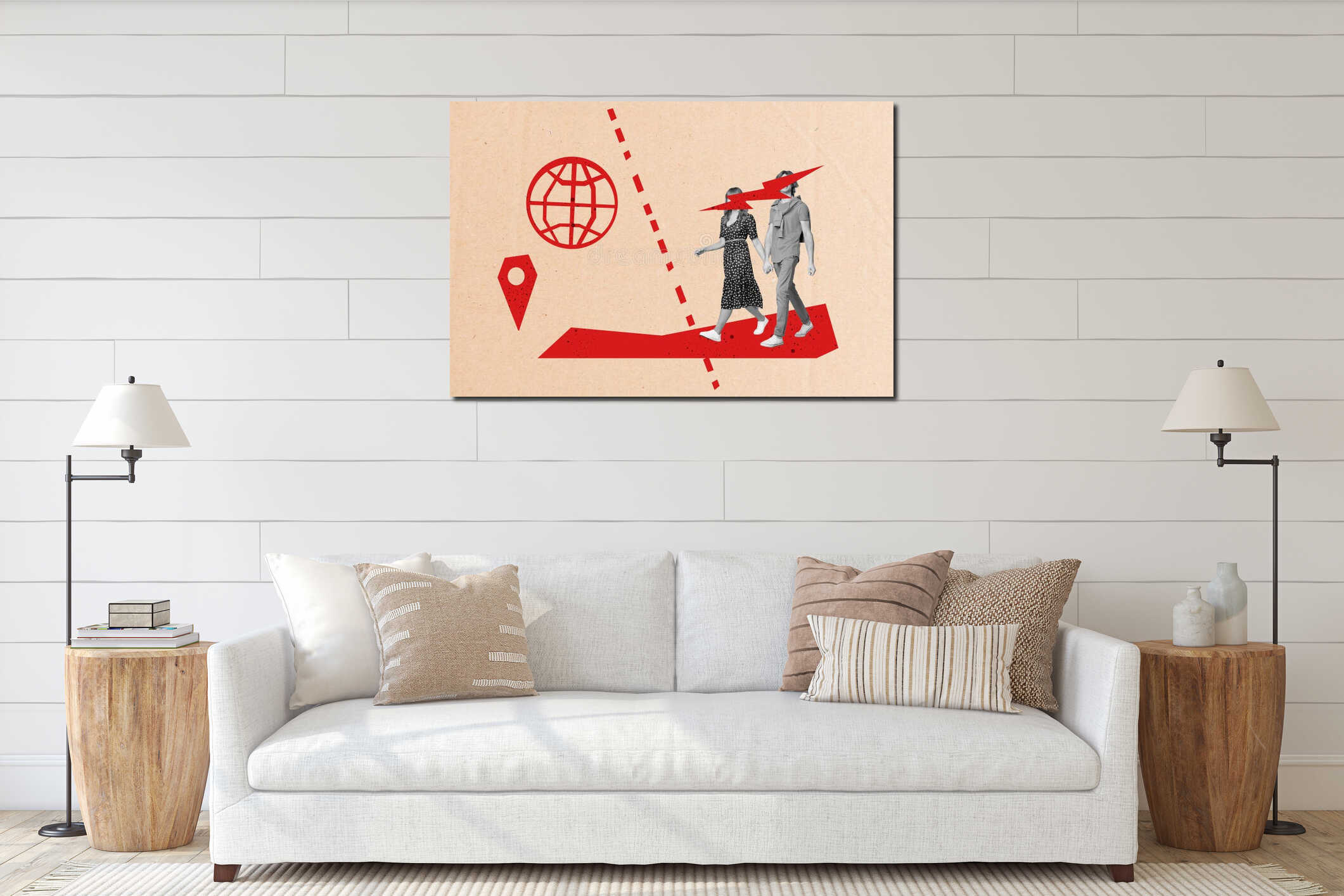 Template sketch composite artwork collage of couple family young man lady walk worldwide location relocation moving interior mockup