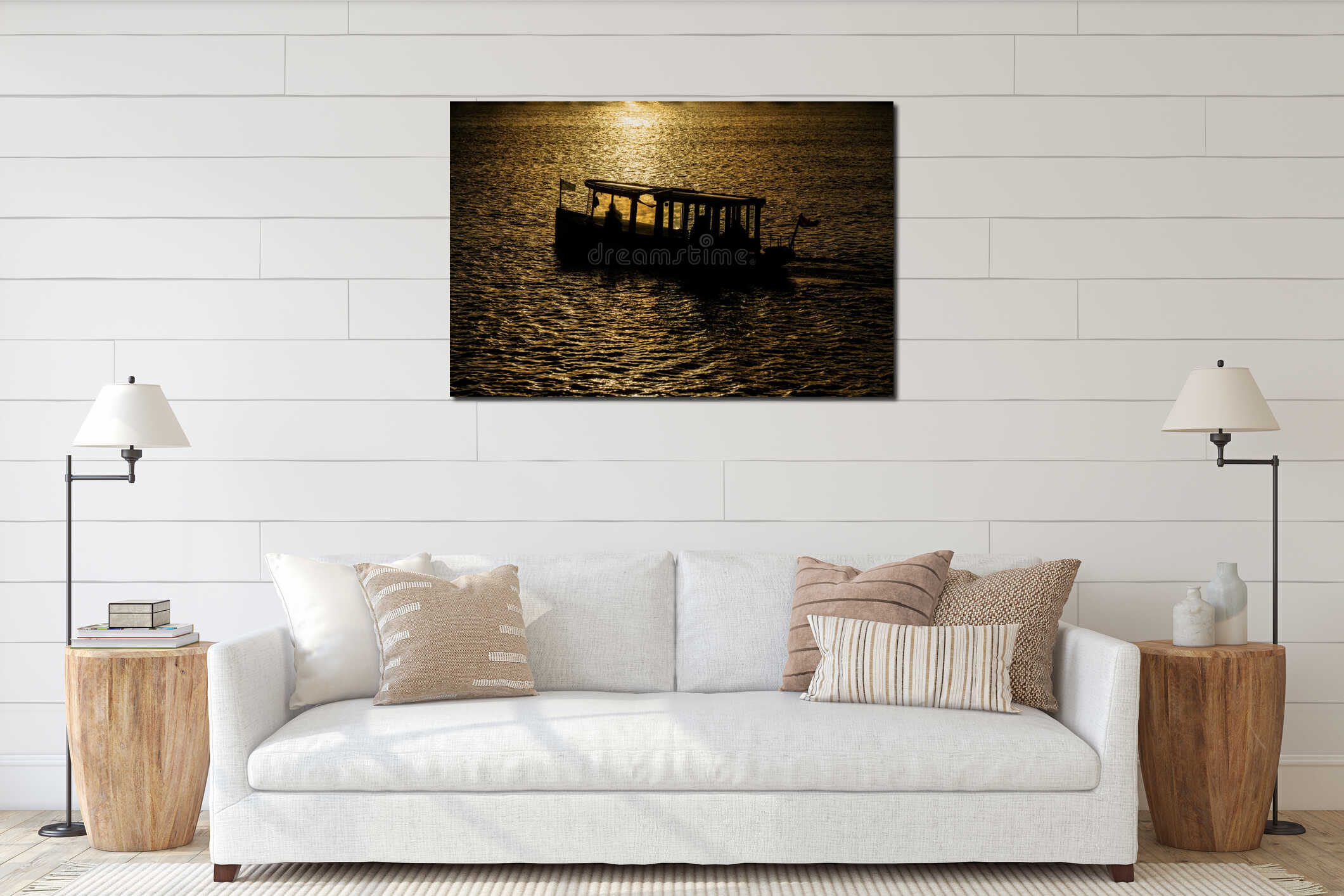 Tourist boat gliding through golden river water in Riga under sunset light, symbolic of travel, relaxation, and Baltic evening interior mockup
