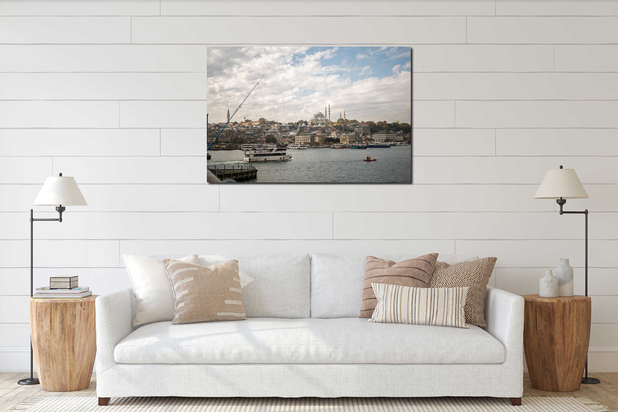 ISTANBUL, TURKEY - NOVEMBER 01, 2025: Suleymaniye Mosque cityscape from Golden Horn interior mockup