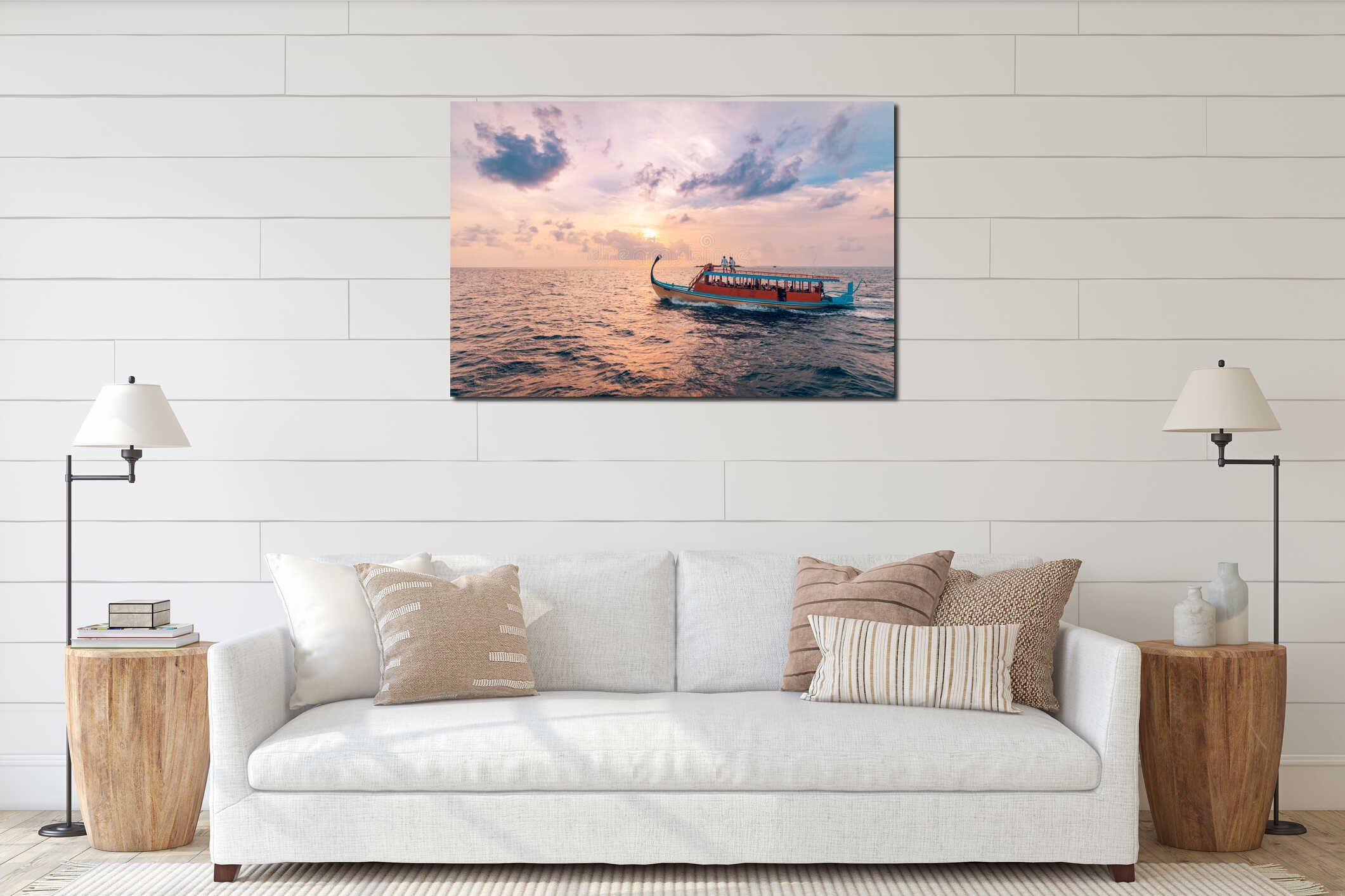 Gorgeous sunset seascape maldives traditional wooden boat adventure artistic colorful sky sea calm waves interior mockup