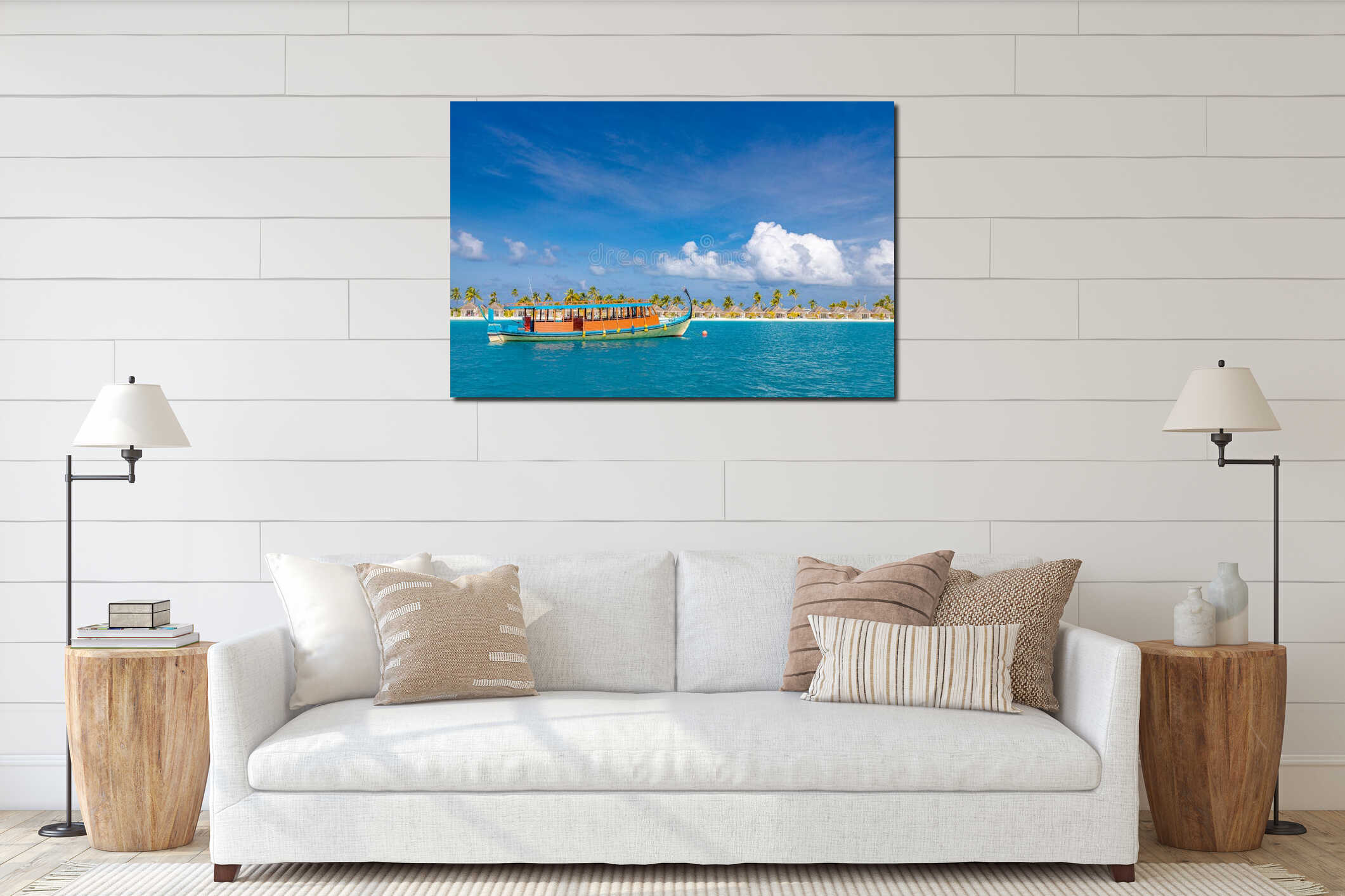 Maldives travel landscape gorgeous sea bay traditional wooden boat anchored sunny paradise island tropical weather interior mockup