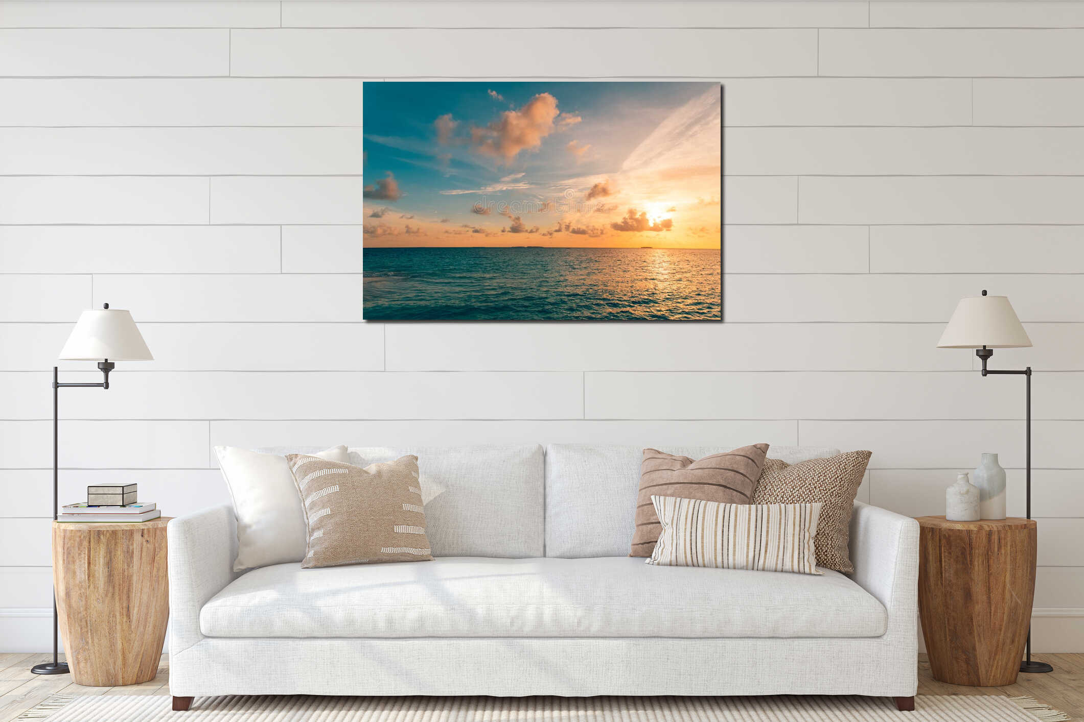 Beautiful relaxing sea sky sunset horizon. Gorgeous seascape calm waves. Inspirational nature wallpaper background interior mockup