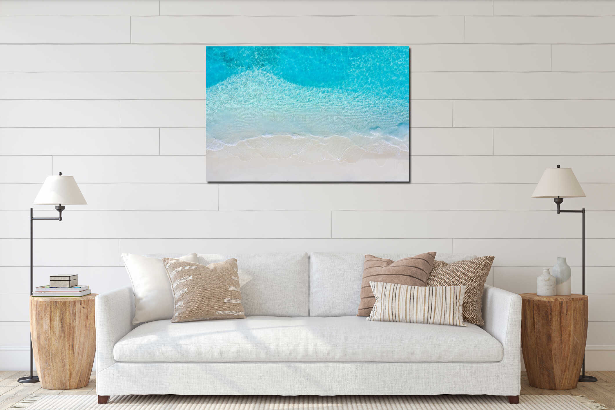 Sunny gold sandy beach panorama tranquil sea waves shore ocean coast aerial beachfront exotic tropical landscape interior mockup