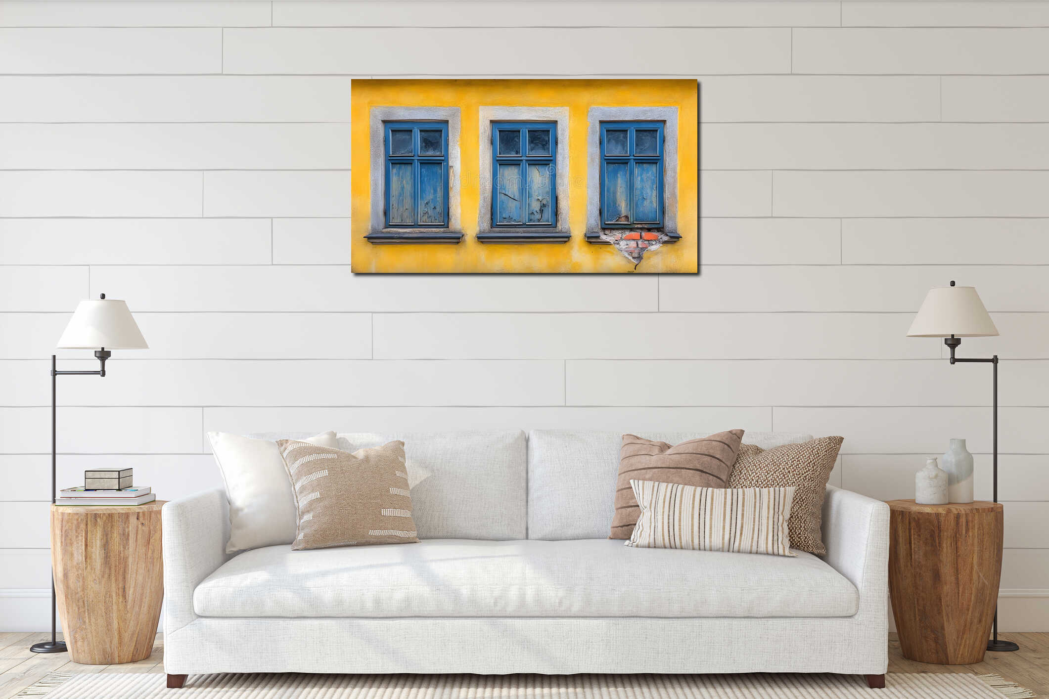 Three Old Blue Windows on Yellow Wall Building Good Resolution Stock Photo interior mockup